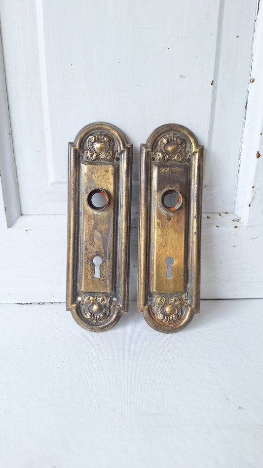 Pair of Stamped Floral Pattern Steel Backplates, Antique Doorknob Plates