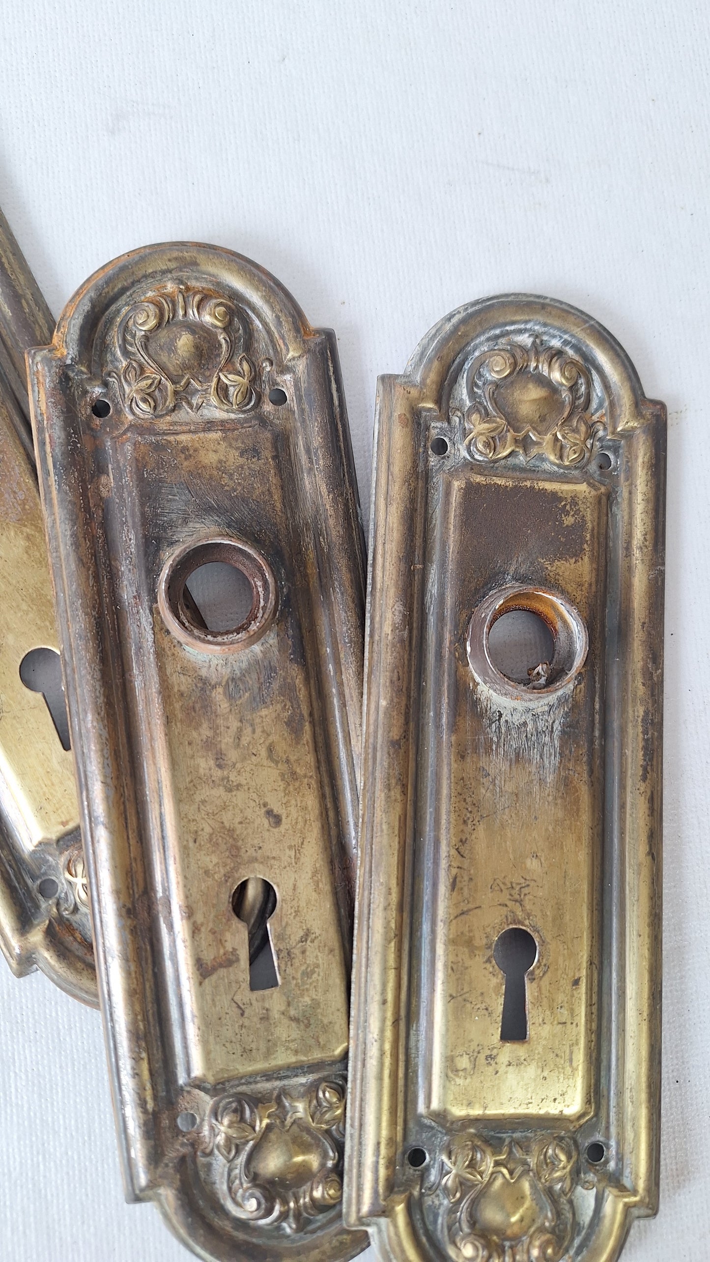 Pair of Stamped Floral Pattern Steel Backplates, Antique Doorknob Plates