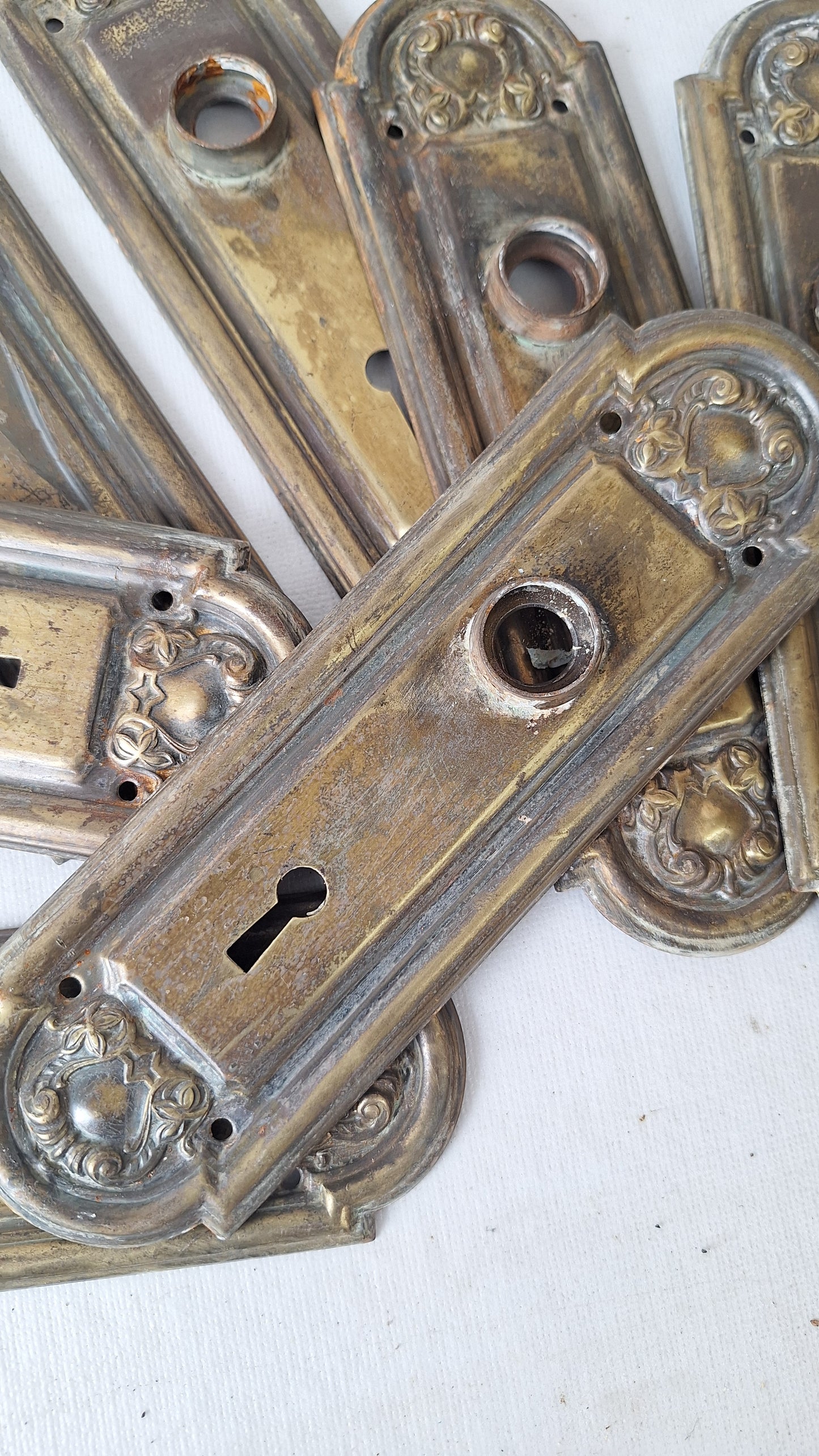 Pair of Stamped Floral Pattern Steel Backplates, Antique Doorknob Plates