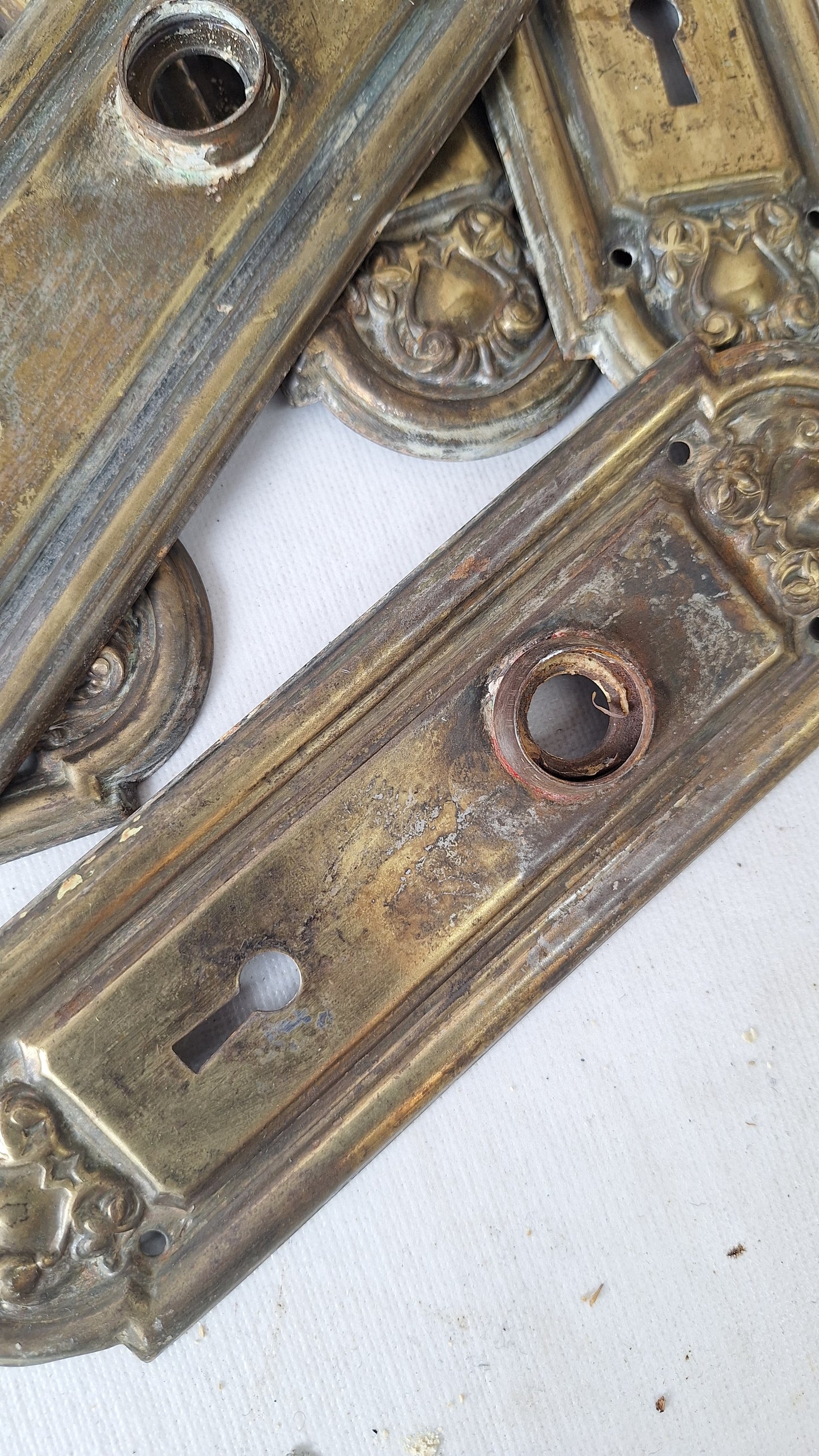 Pair of Stamped Floral Pattern Steel Backplates, Antique Doorknob Plates