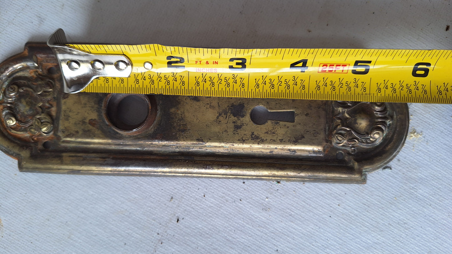Pair of Stamped Floral Pattern Steel Backplates, Antique Doorknob Plates