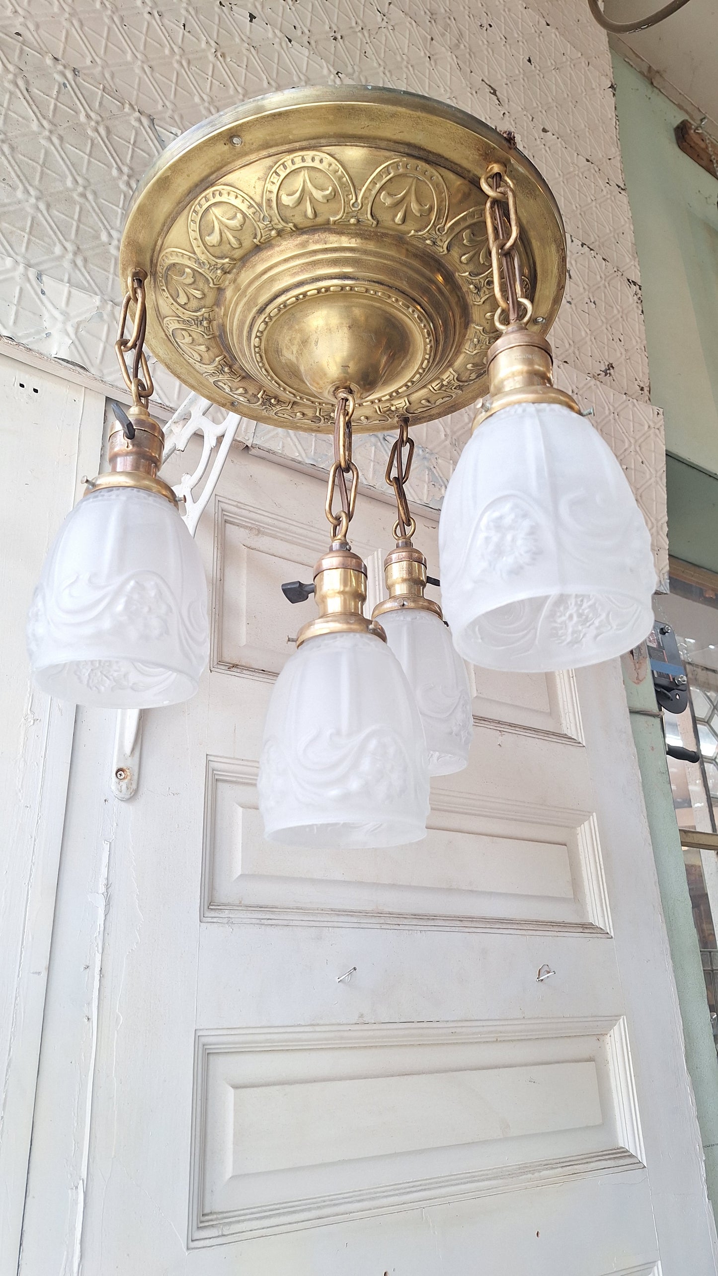Antique Brass Pan Light: Hanging Socket Ceiling Light with Frosted Glass