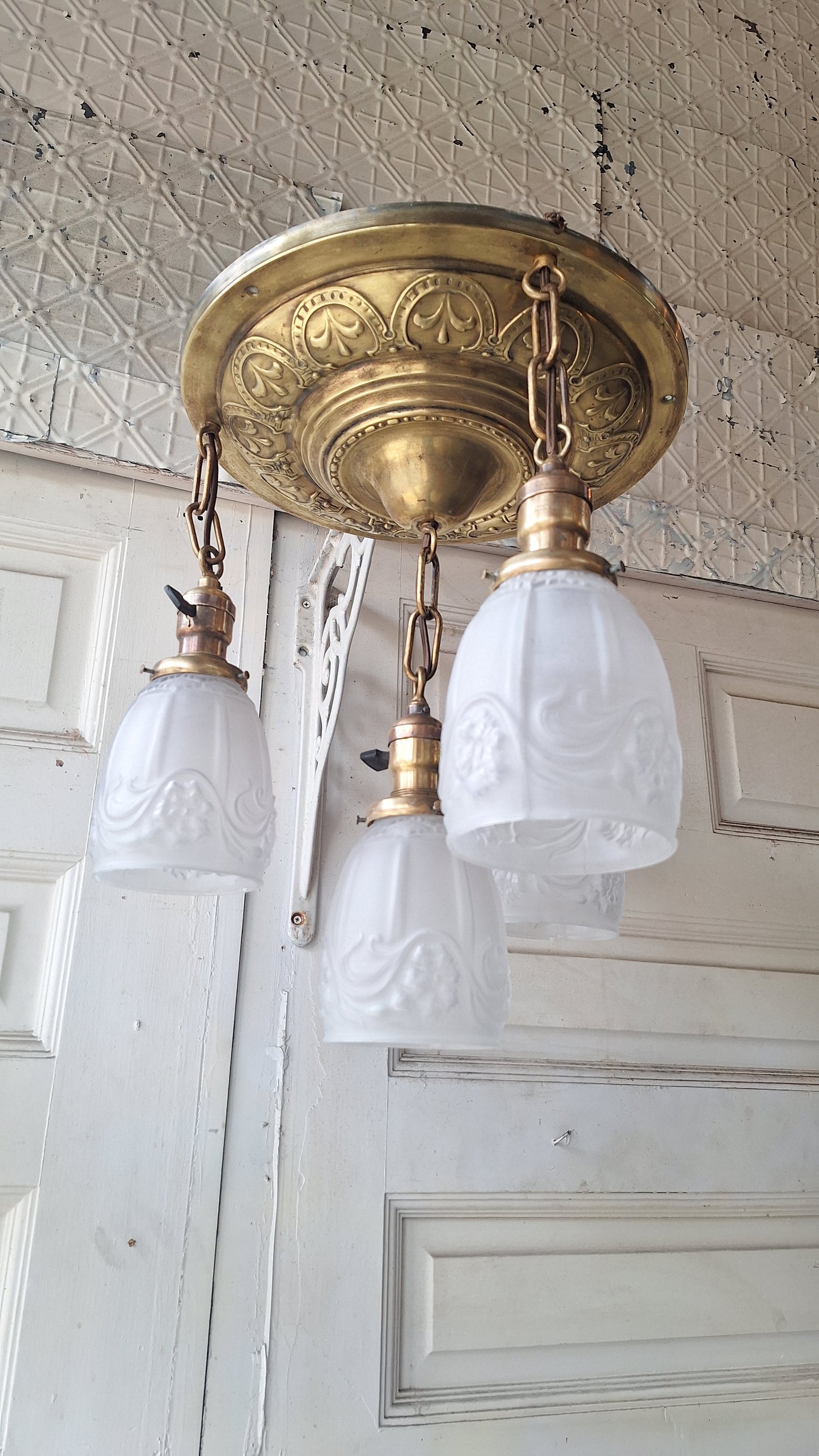 Antique Brass Pan Light: Hanging Socket Ceiling Light with Frosted Glass
