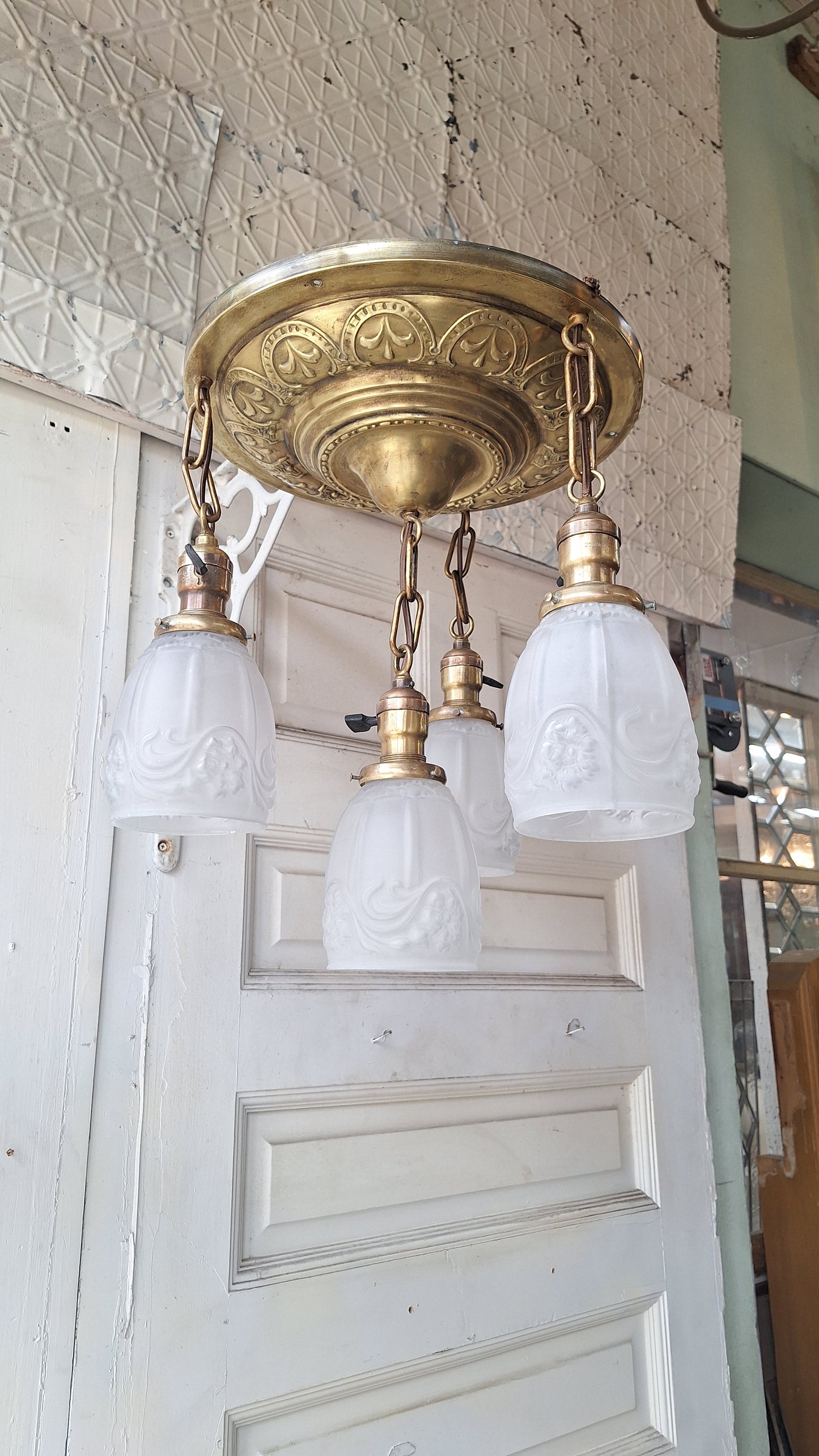 Antique Brass Pan Light: Hanging Socket Ceiling Light with Frosted Glass