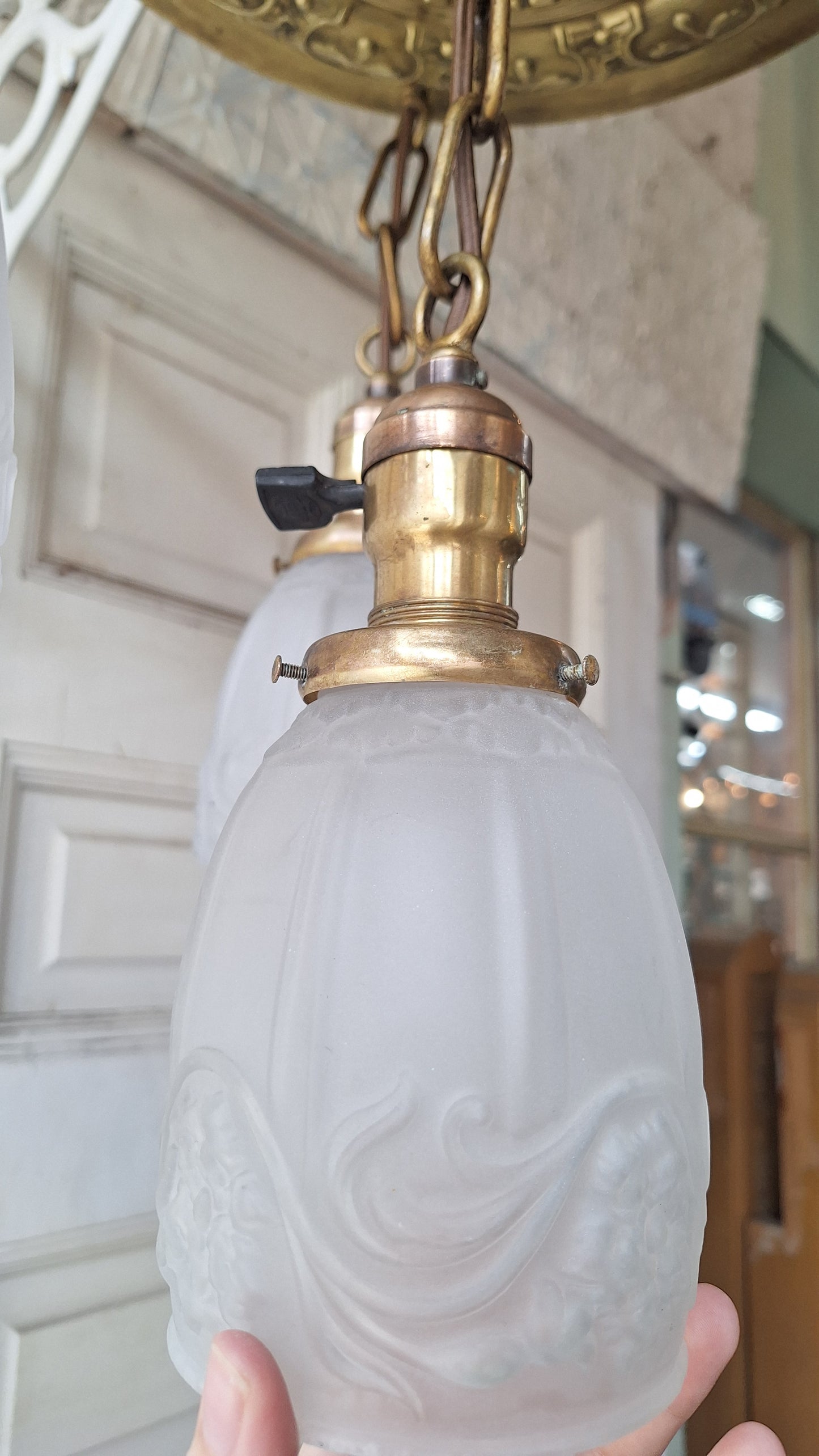 Antique Brass Pan Light: Hanging Socket Ceiling Light with Frosted Glass