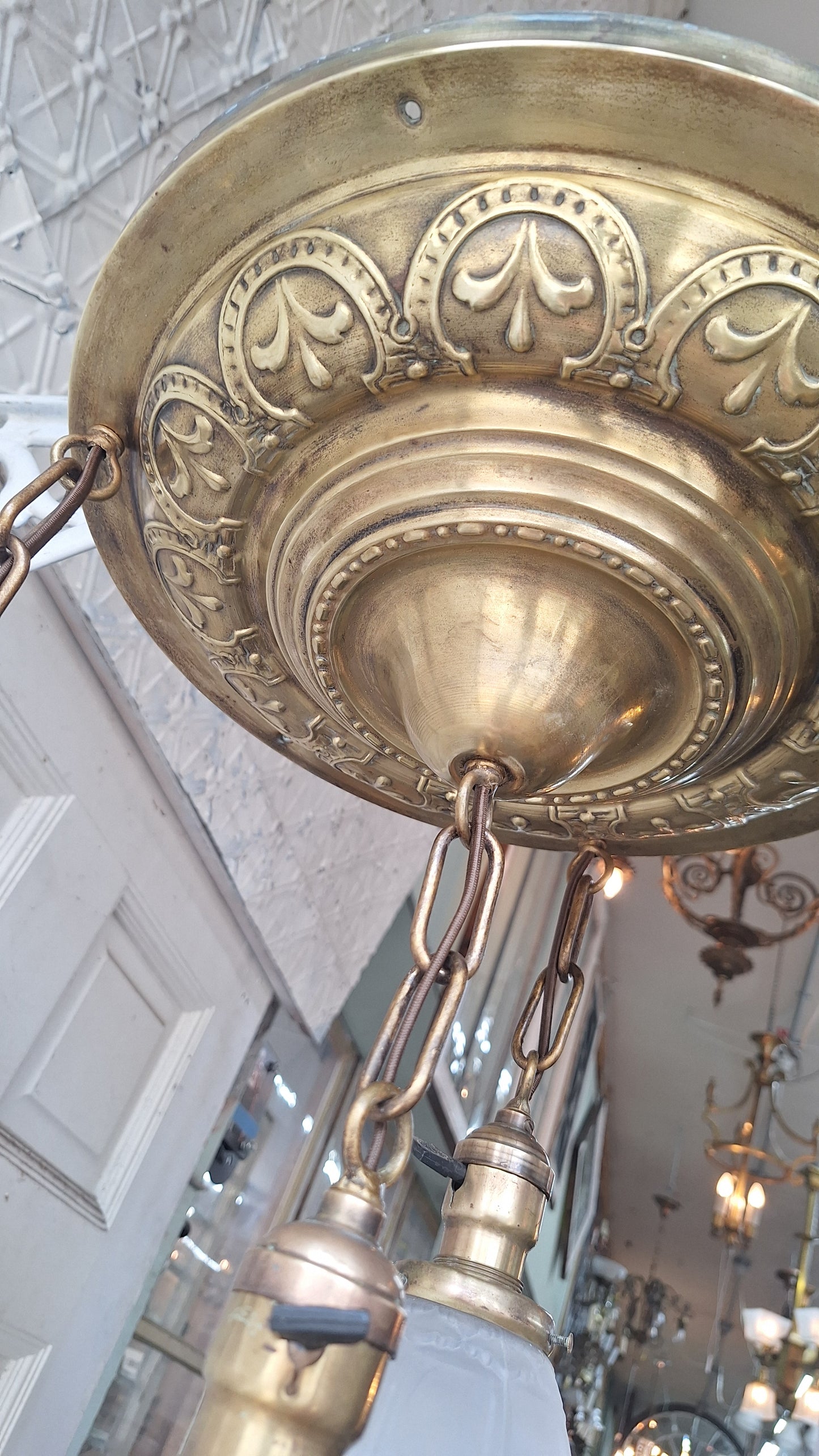 Antique Brass Pan Light: Hanging Socket Ceiling Light with Frosted Glass