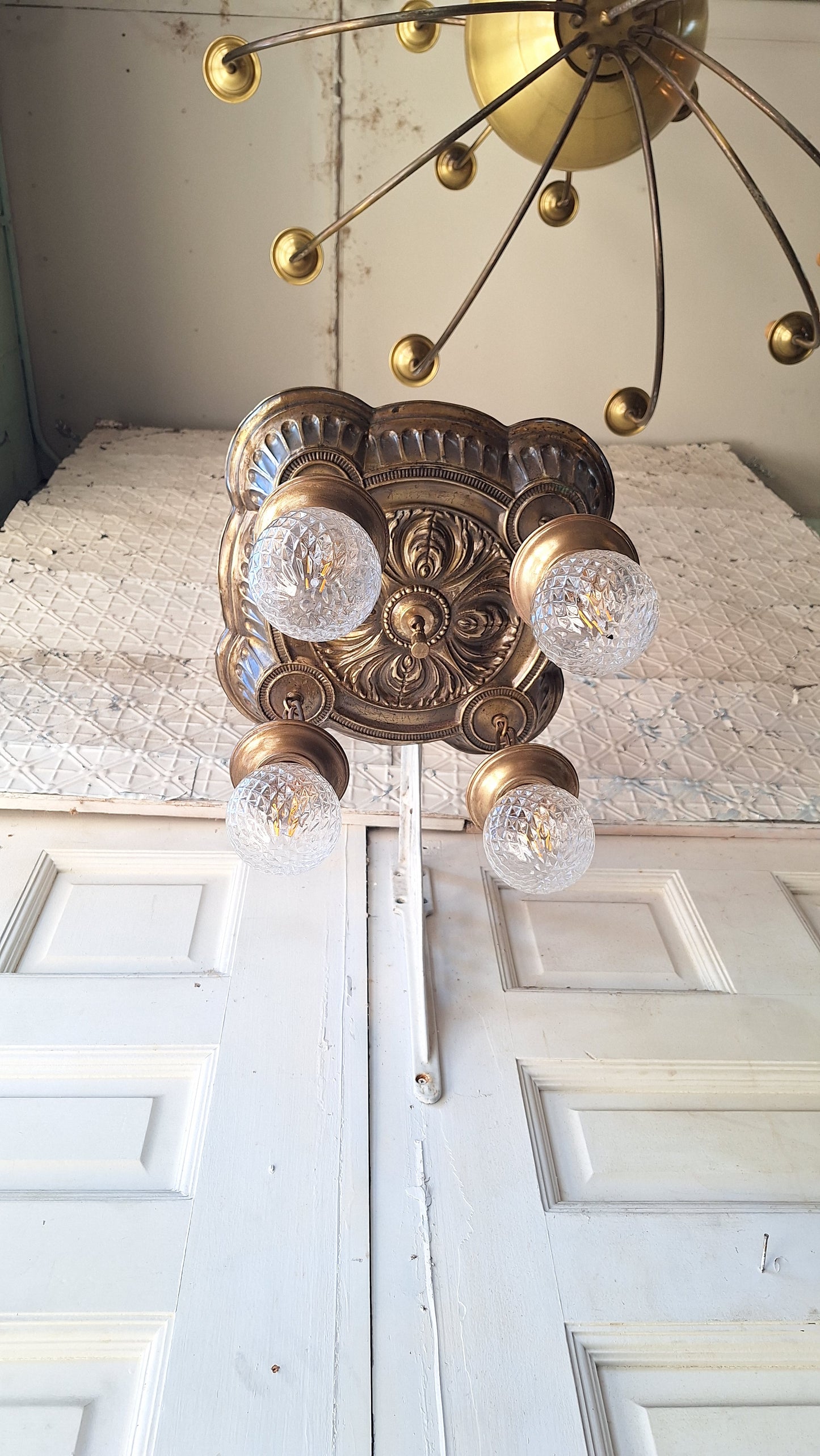 Ornate Brass Pan Light: Hanging Bare Bulb Flush Mount