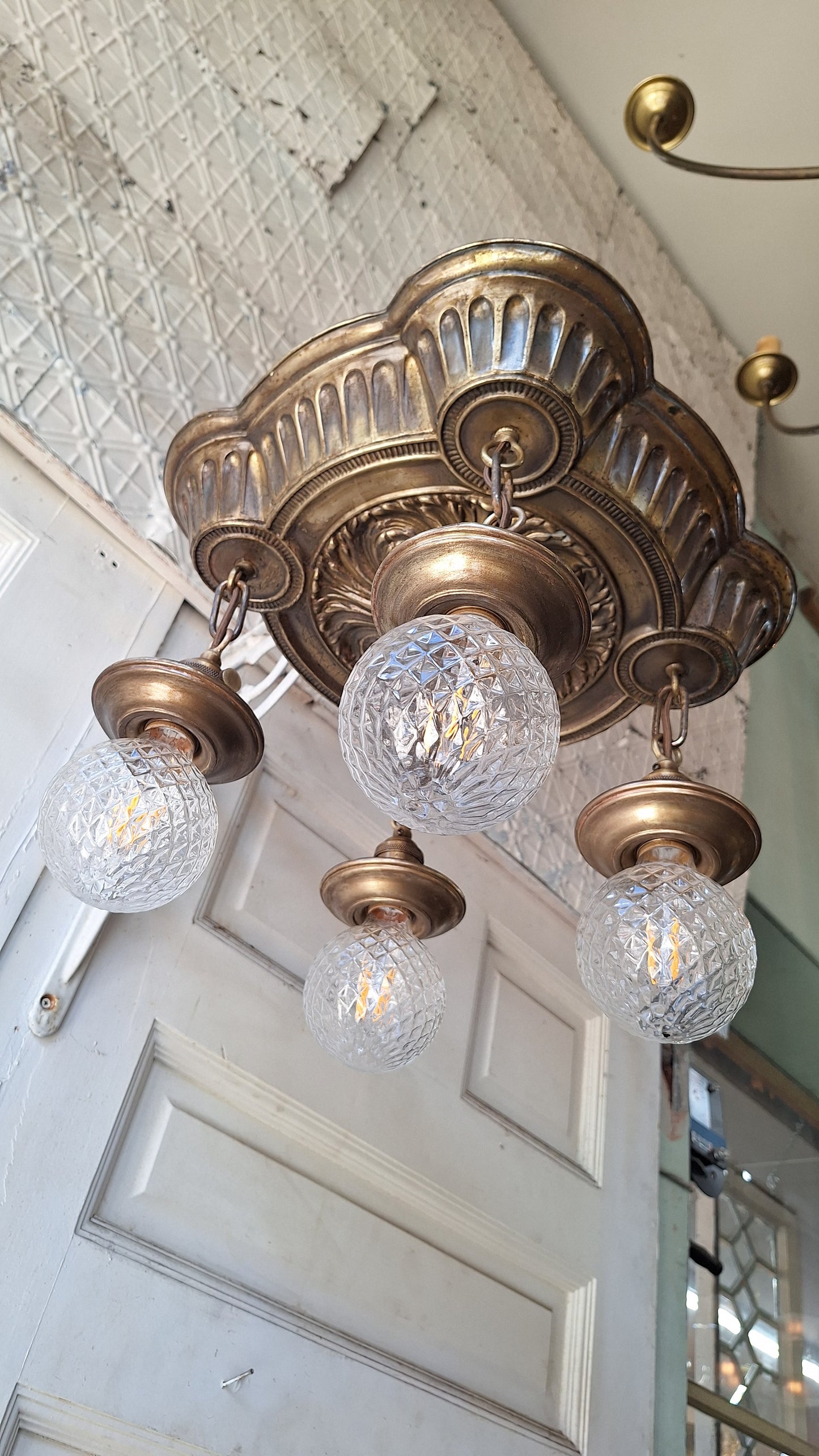 Ornate Brass Pan Light: Hanging Bare Bulb Flush Mount