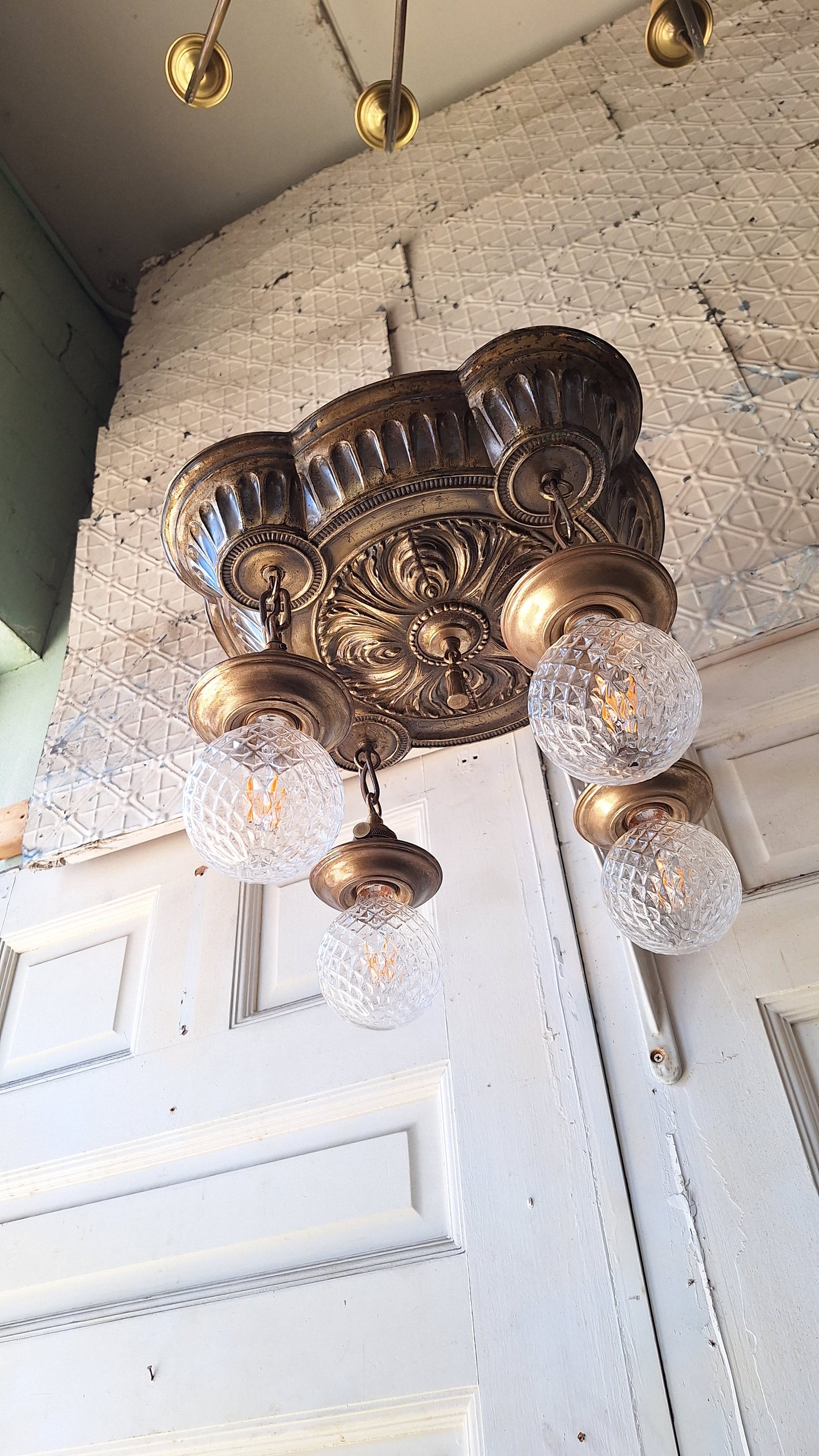 Ornate Brass Pan Light: Hanging Bare Bulb Flush Mount