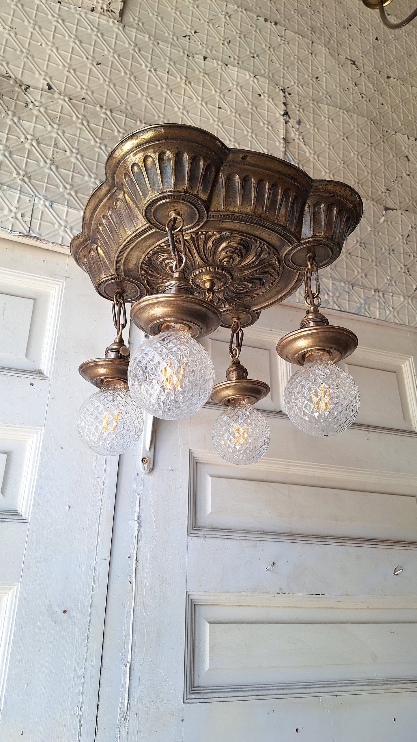 Ornate Brass Pan Light: Hanging Bare Bulb Flush Mount