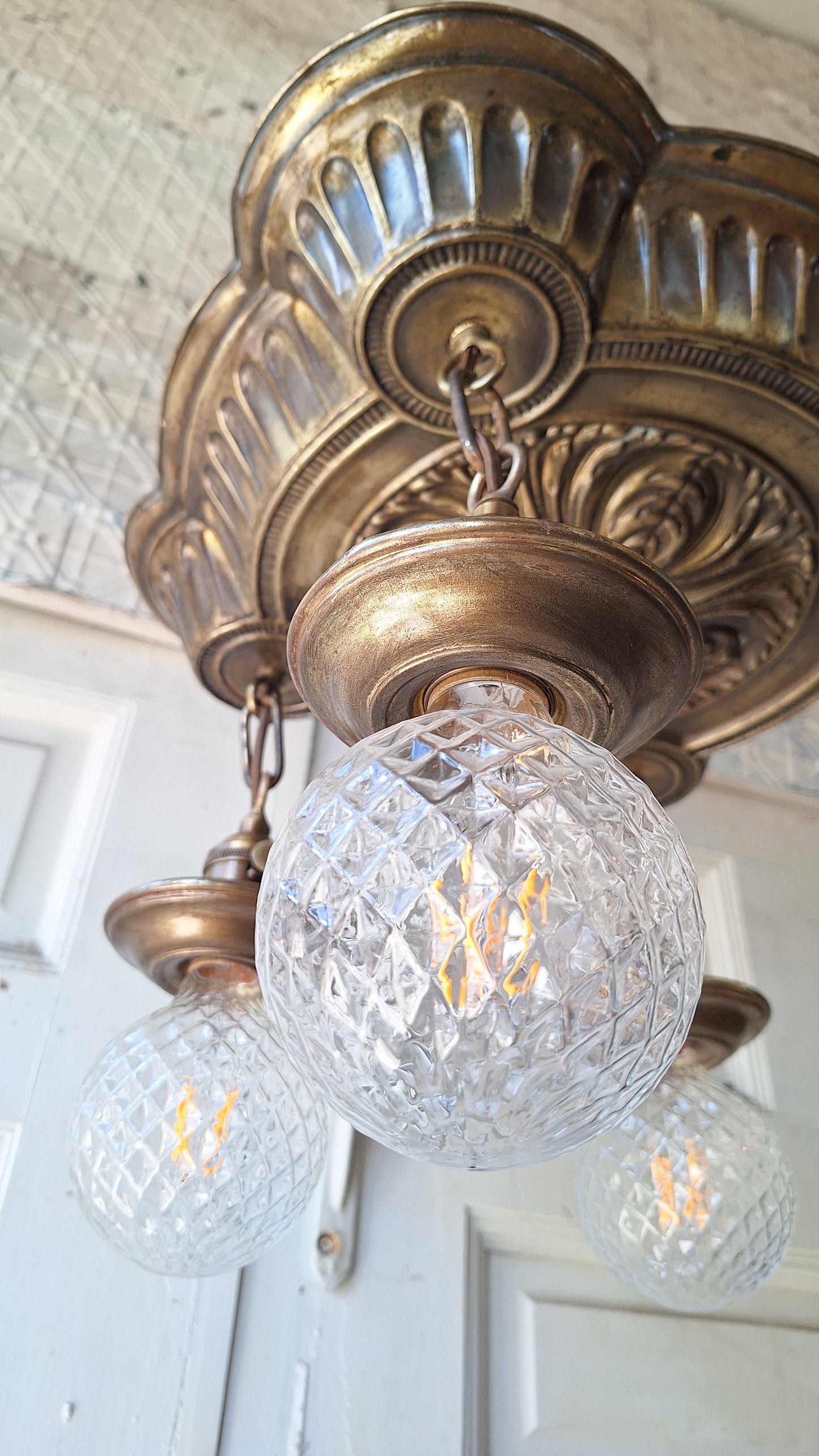 Ornate Brass Pan Light: Hanging Bare Bulb Flush Mount
