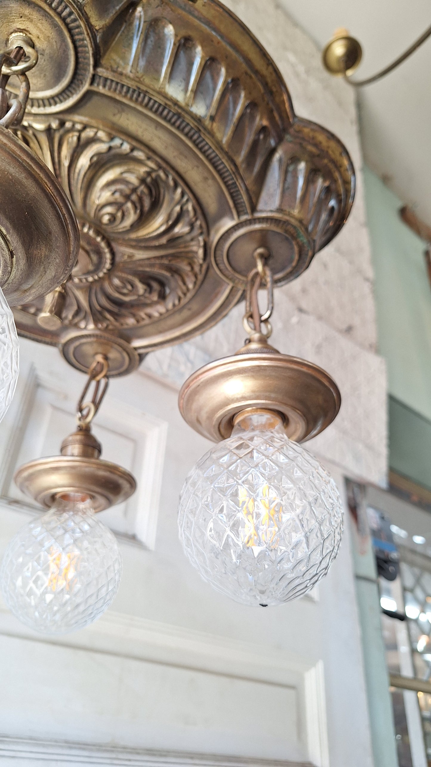 Ornate Brass Pan Light: Hanging Bare Bulb Flush Mount