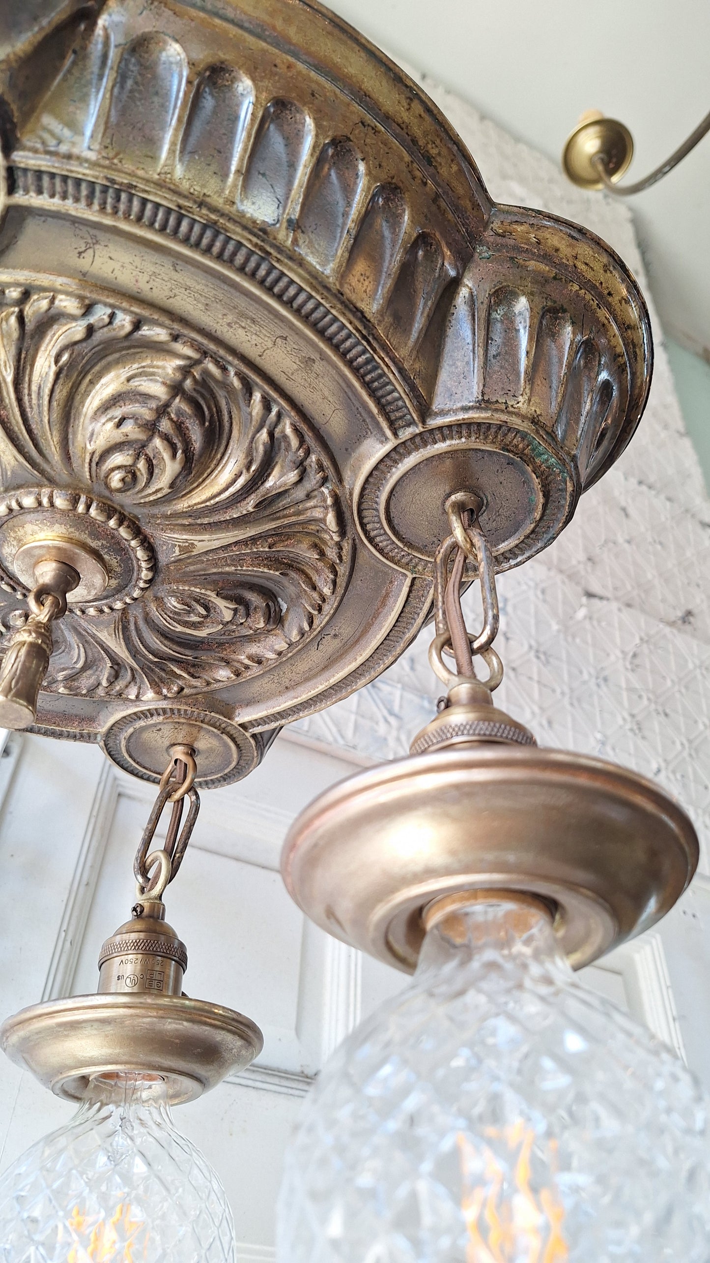 Ornate Brass Pan Light: Hanging Bare Bulb Flush Mount