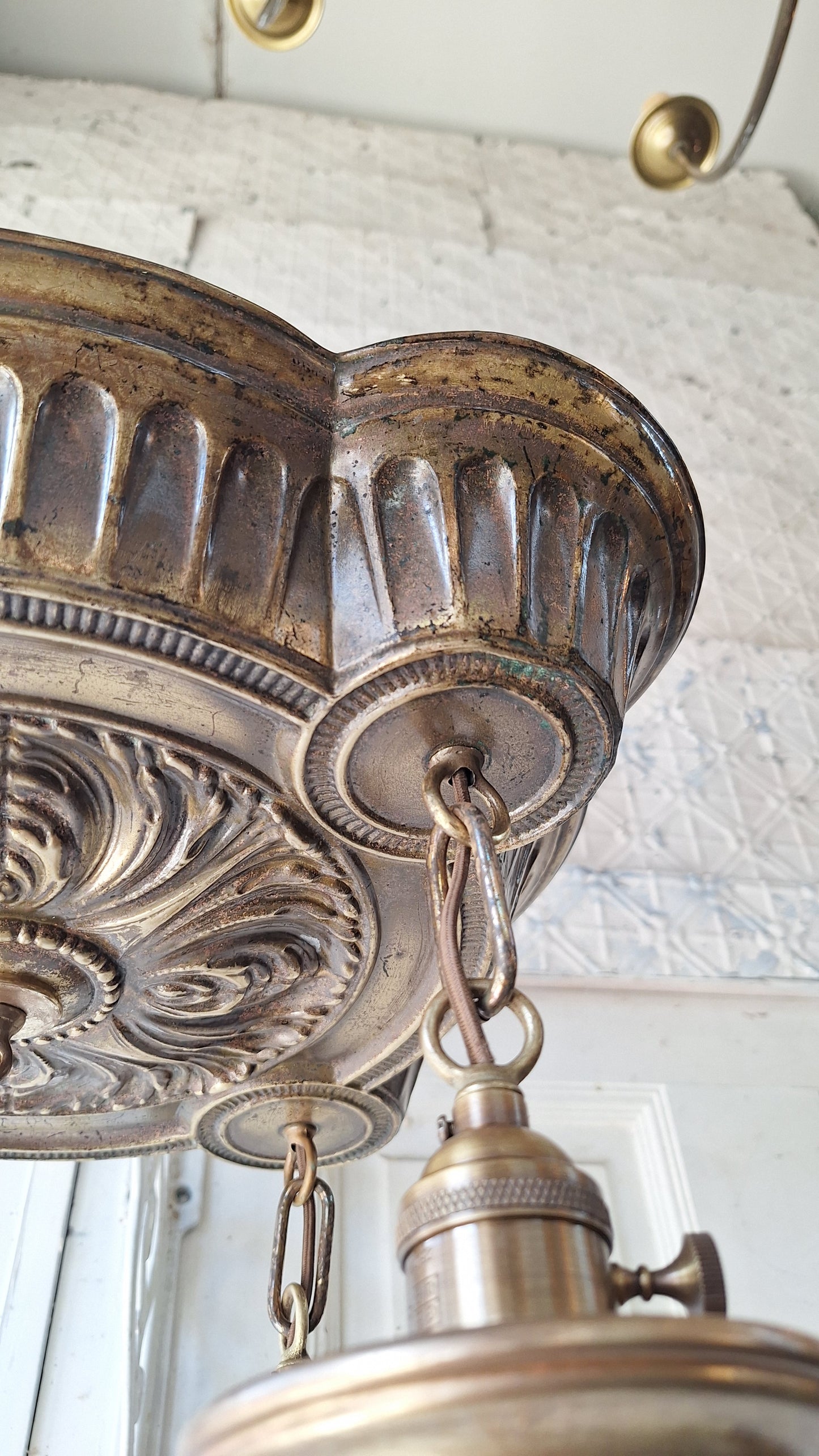 Ornate Brass Pan Light: Hanging Bare Bulb Flush Mount