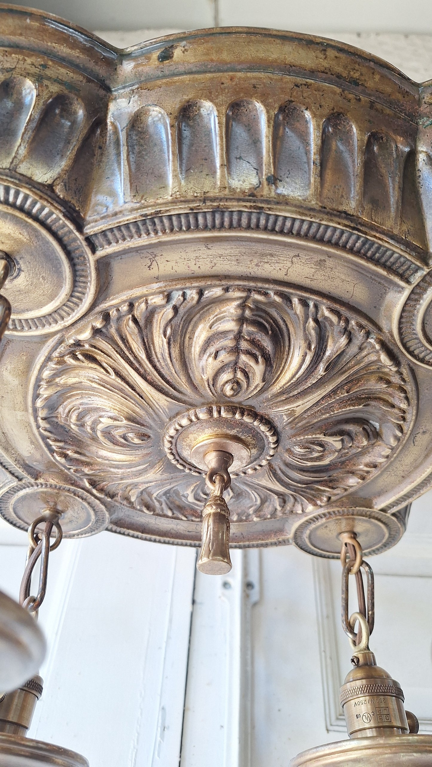 Ornate Brass Pan Light: Hanging Bare Bulb Flush Mount