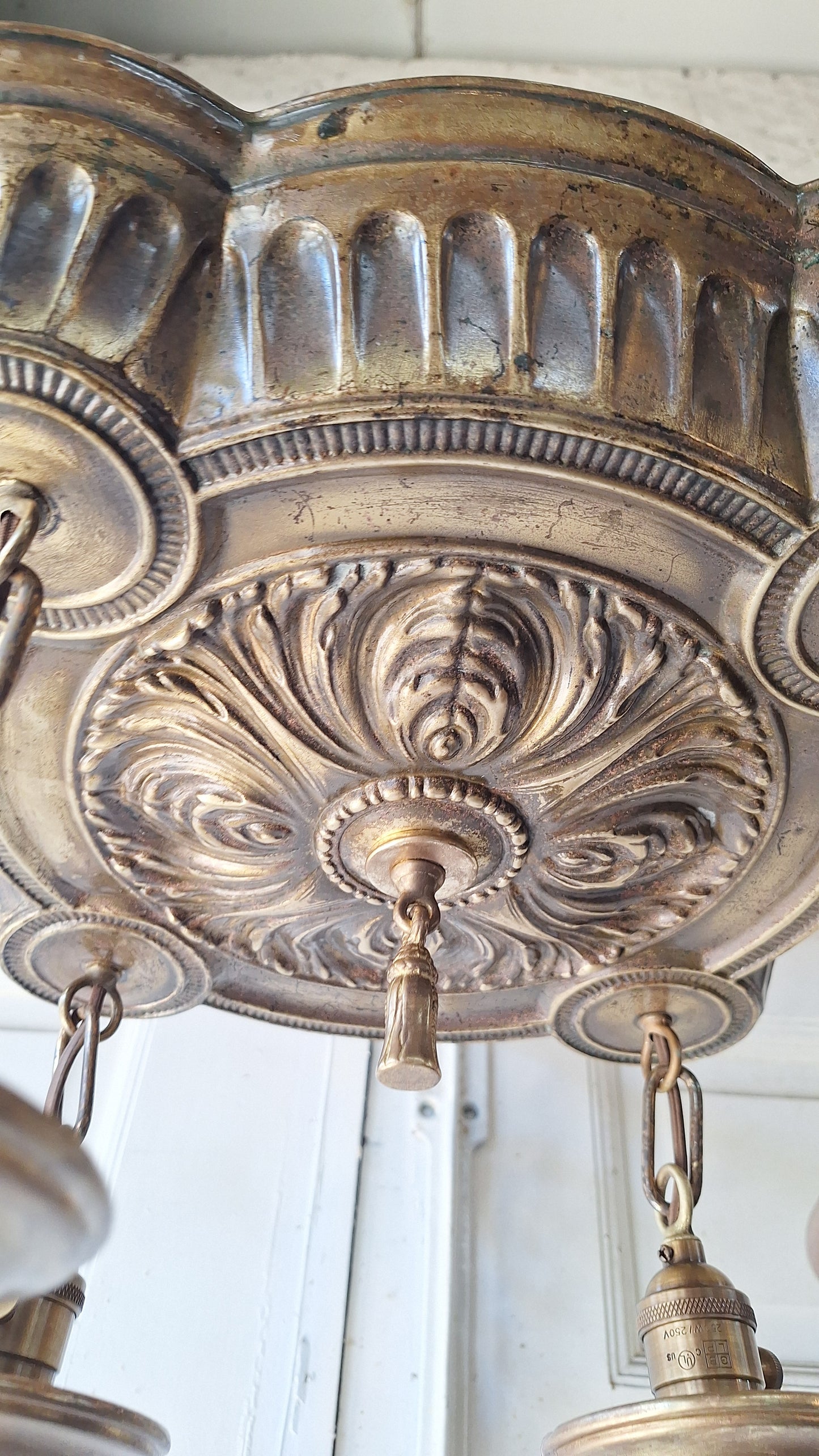 Ornate Brass Pan Light: Hanging Bare Bulb Flush Mount