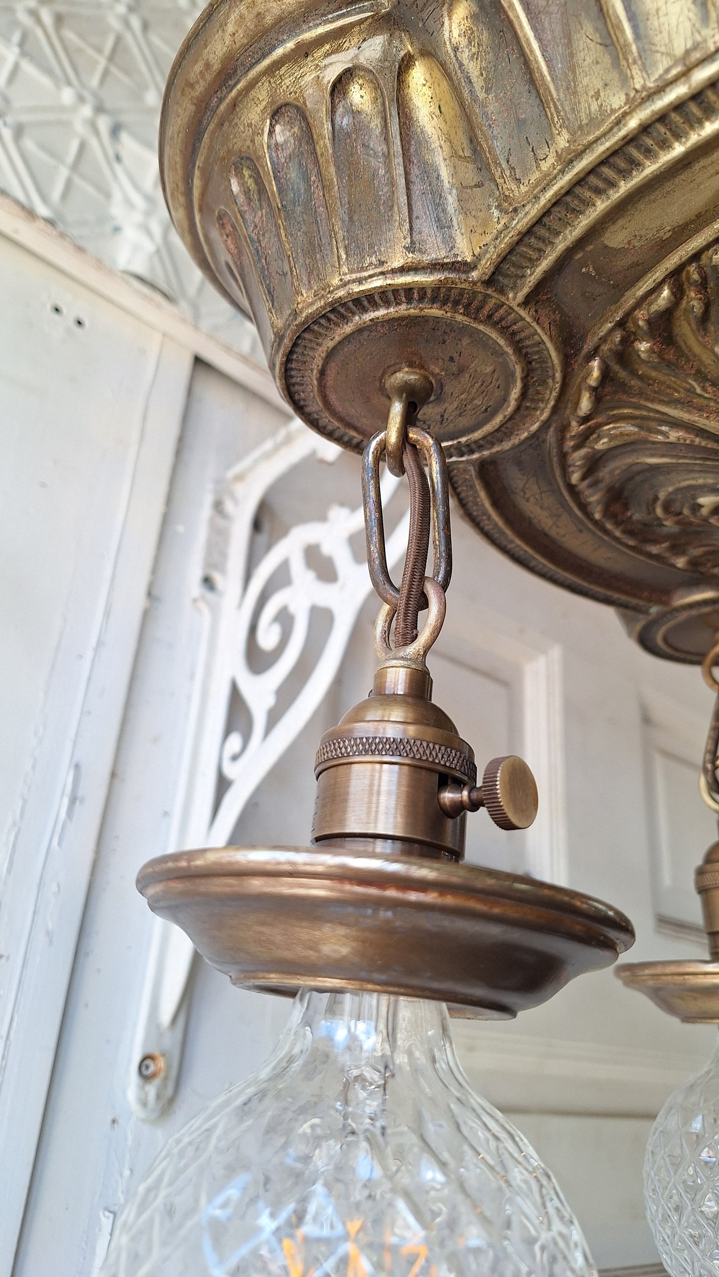 Ornate Brass Pan Light: Hanging Bare Bulb Flush Mount