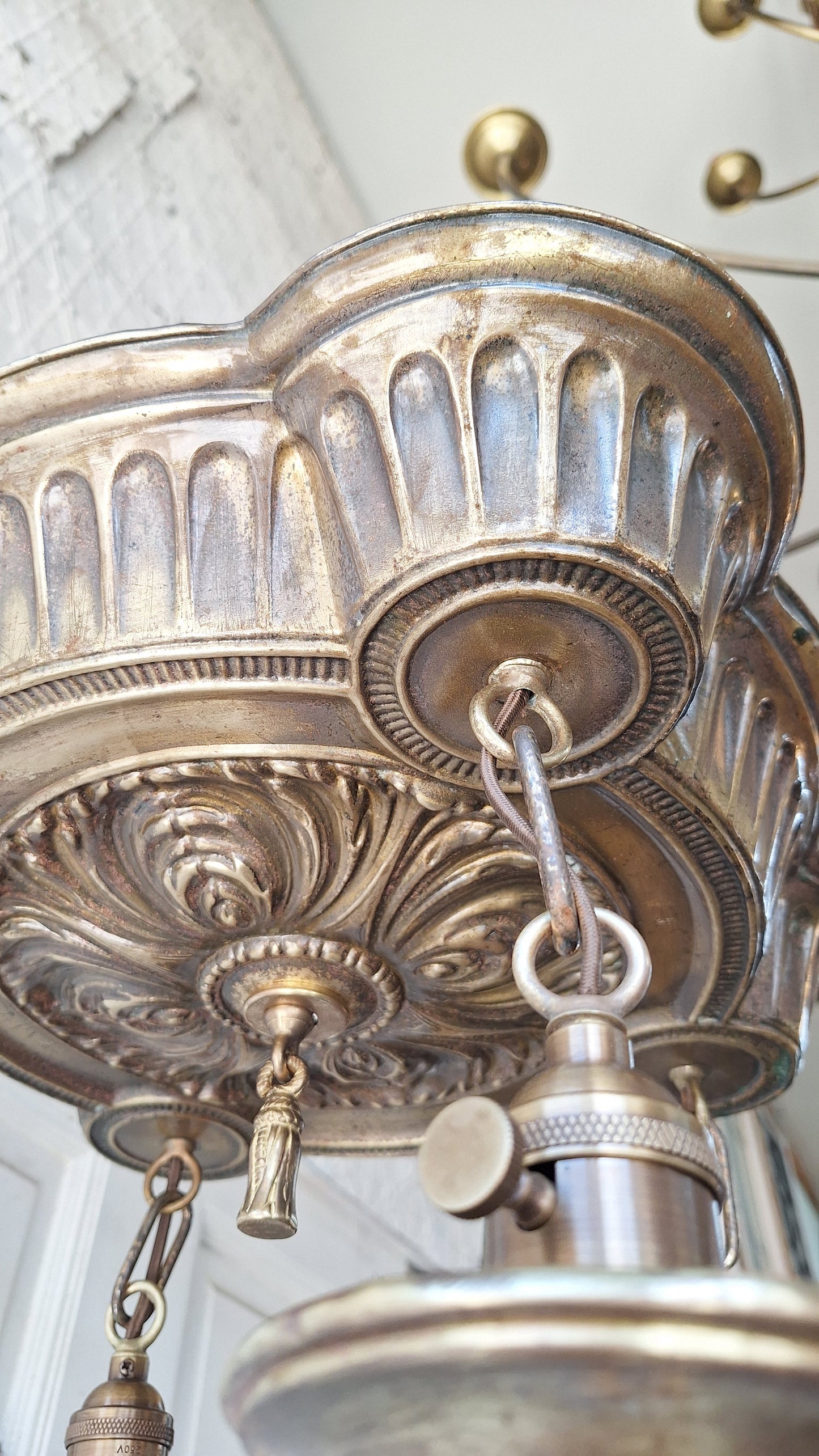Ornate Brass Pan Light: Hanging Bare Bulb Flush Mount