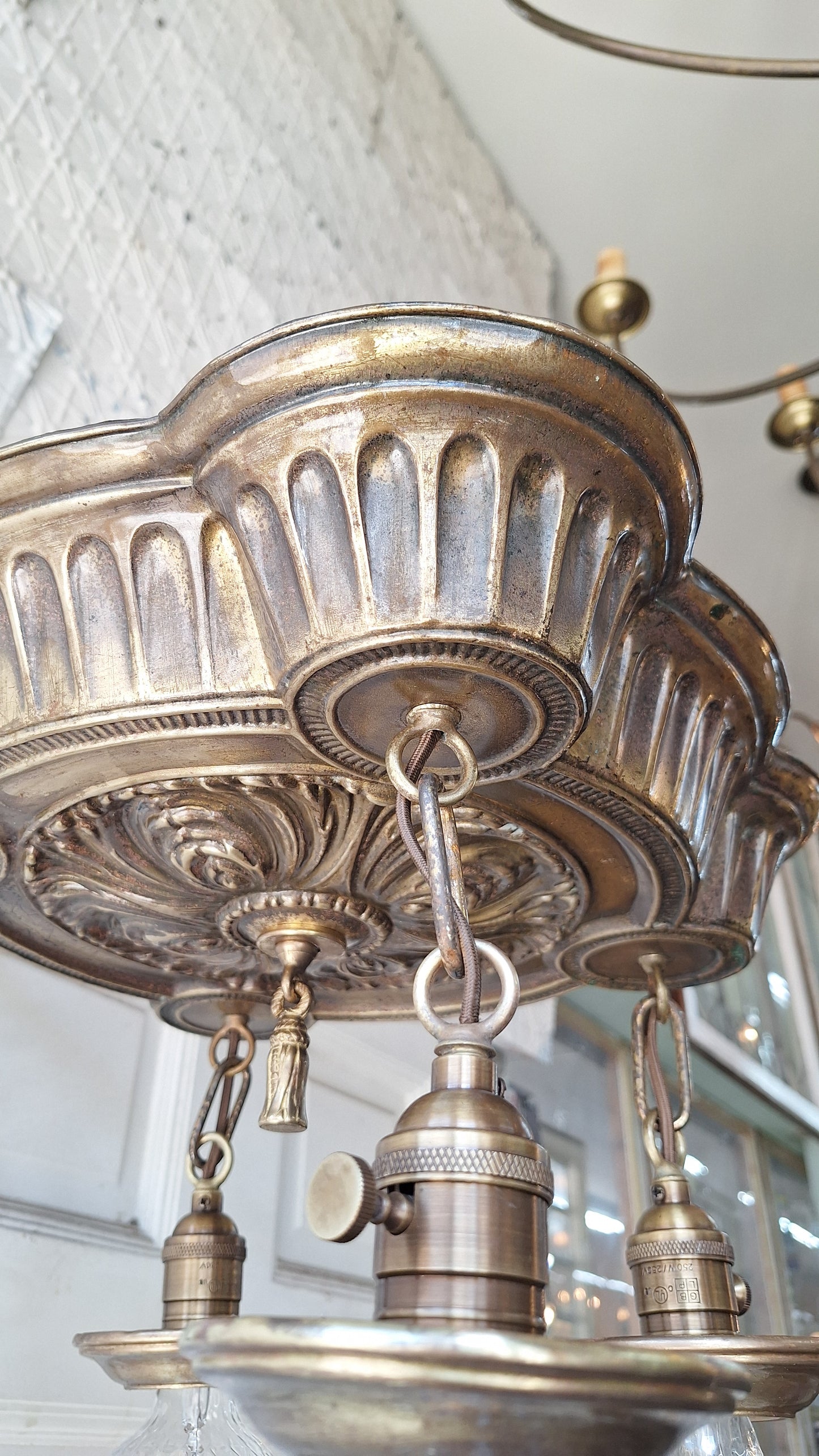 Ornate Brass Pan Light: Hanging Bare Bulb Flush Mount
