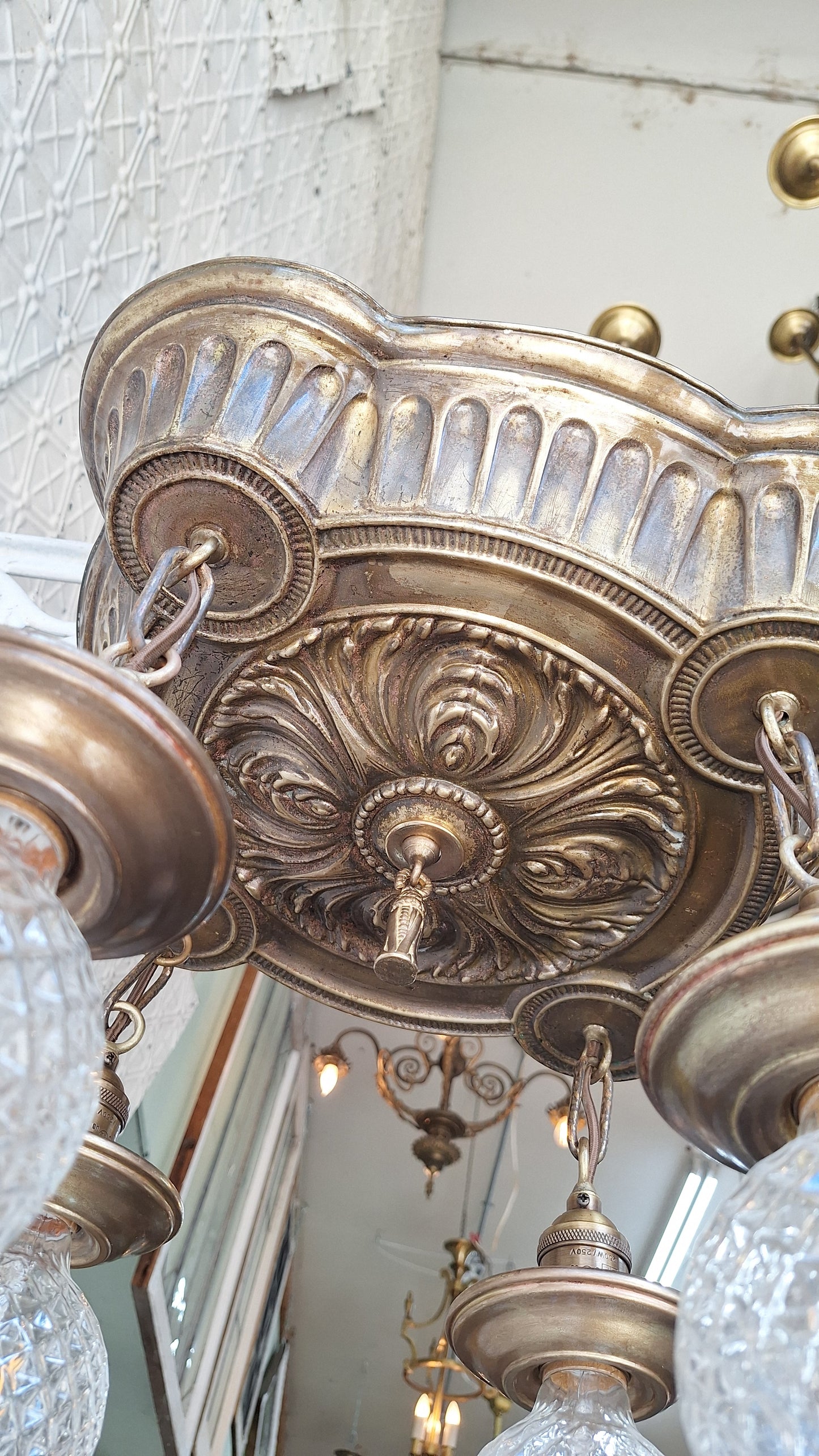 Ornate Brass Pan Light: Hanging Bare Bulb Flush Mount