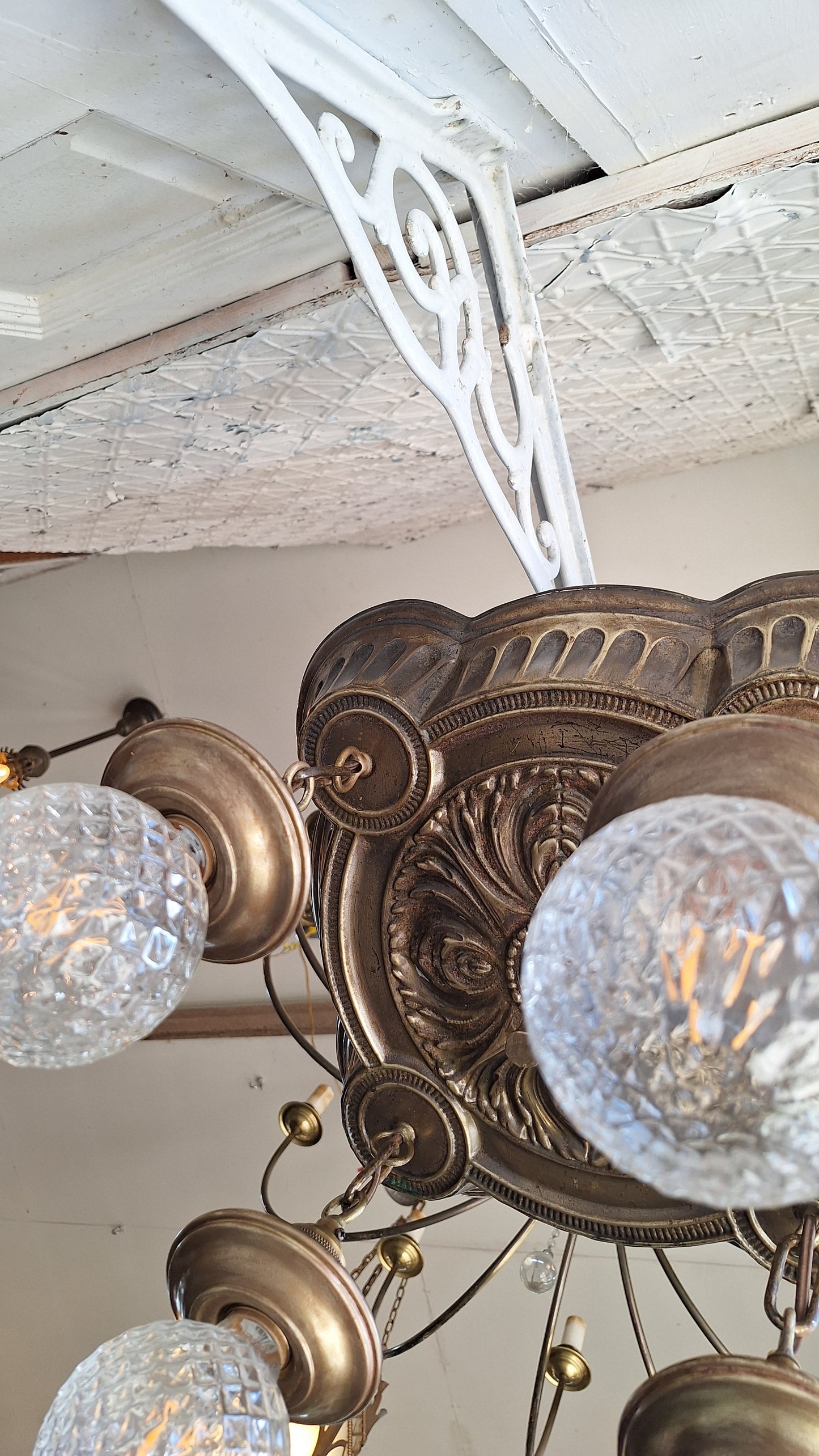 Ornate Brass Pan Light: Hanging Bare Bulb Flush Mount