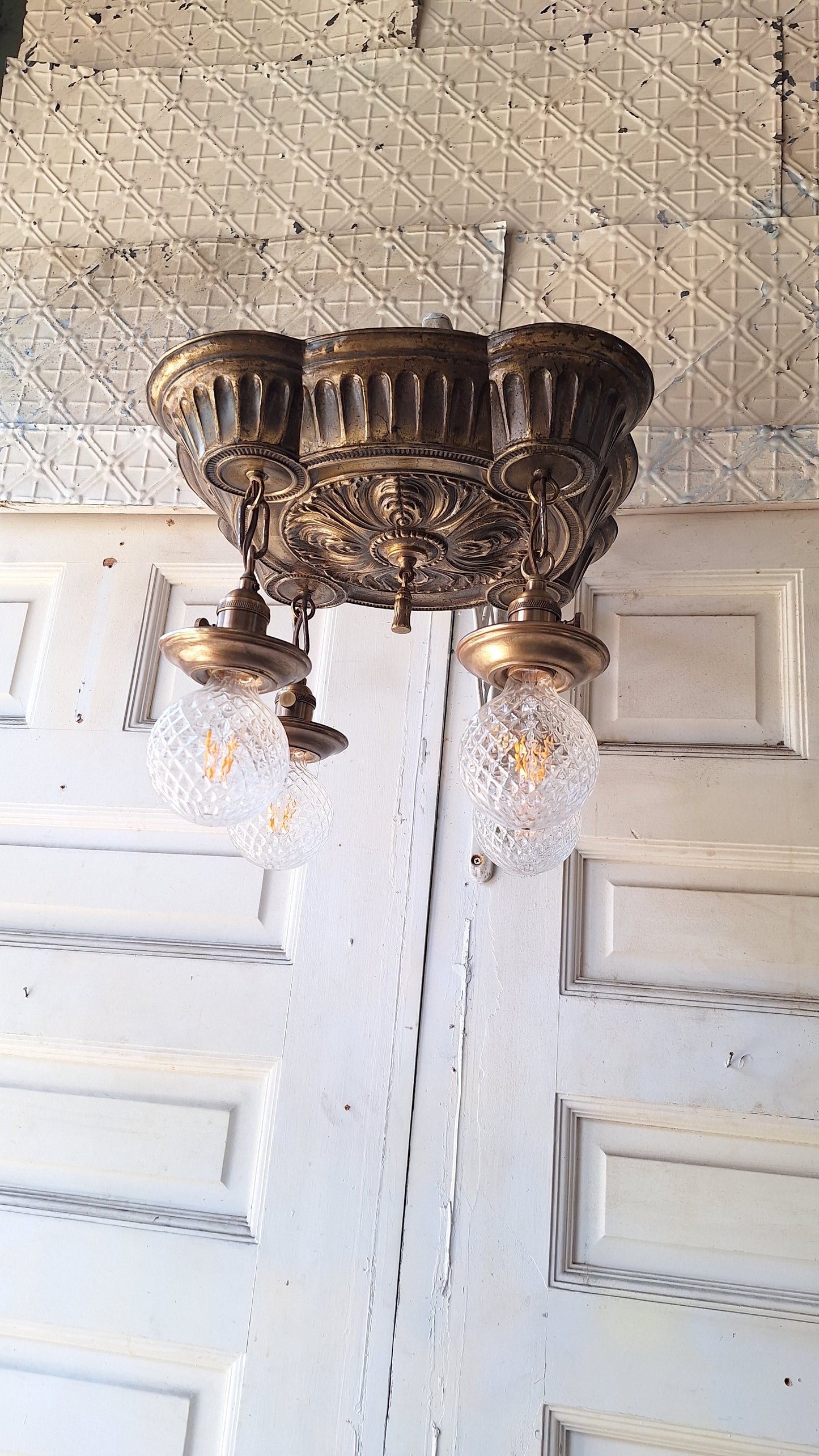 Ornate Brass Pan Light: Hanging Bare Bulb Flush Mount