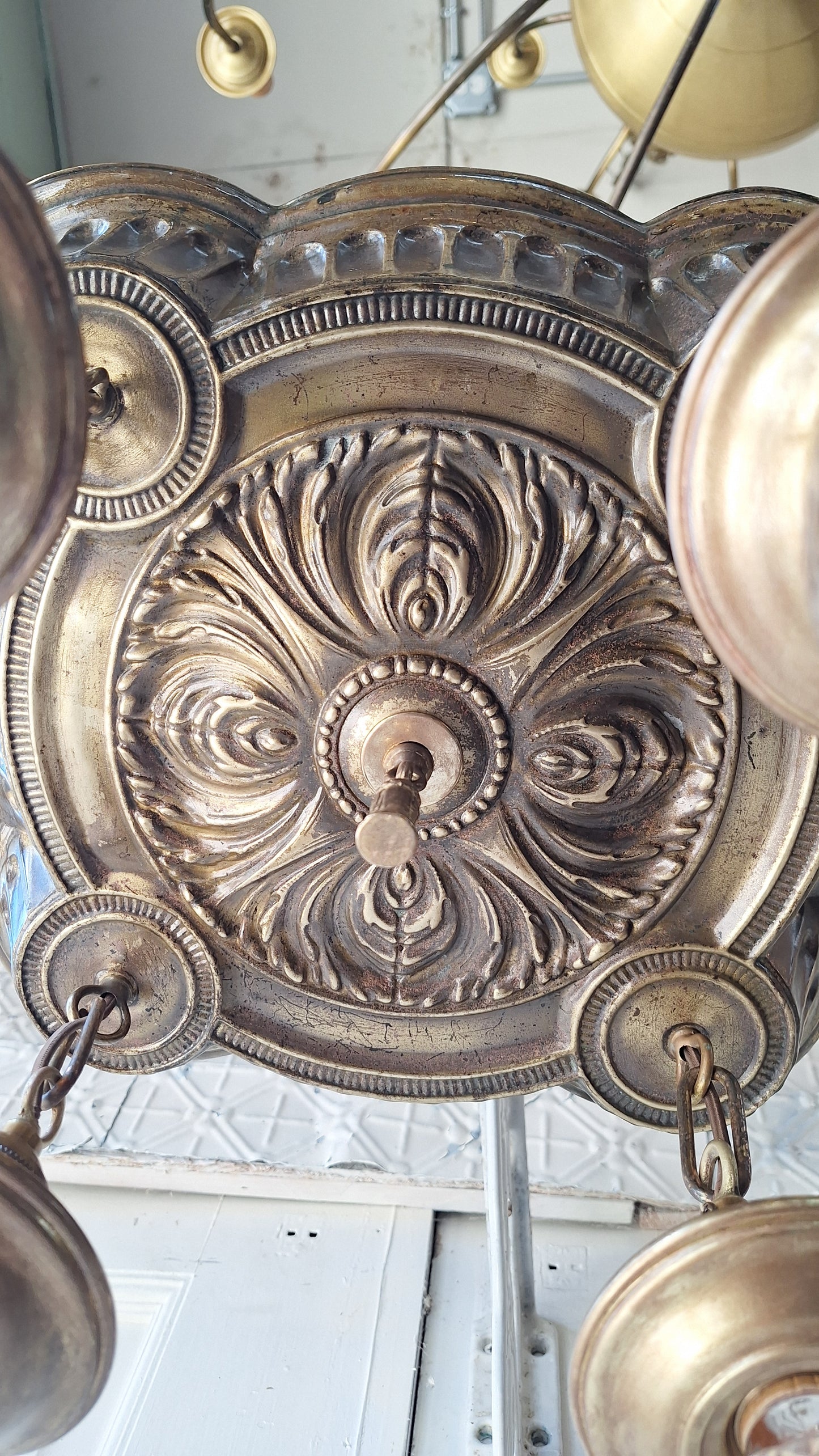Ornate Brass Pan Light: Hanging Bare Bulb Flush Mount