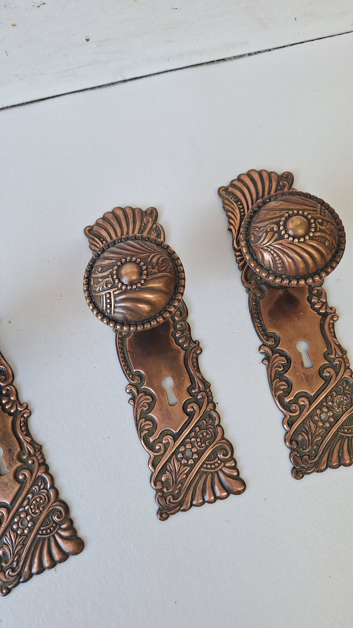Complete Set of Roanoke Antique Bronze Door Hardware, Ornate Victorian Stamped Bronze Doorknobs Plates 040904