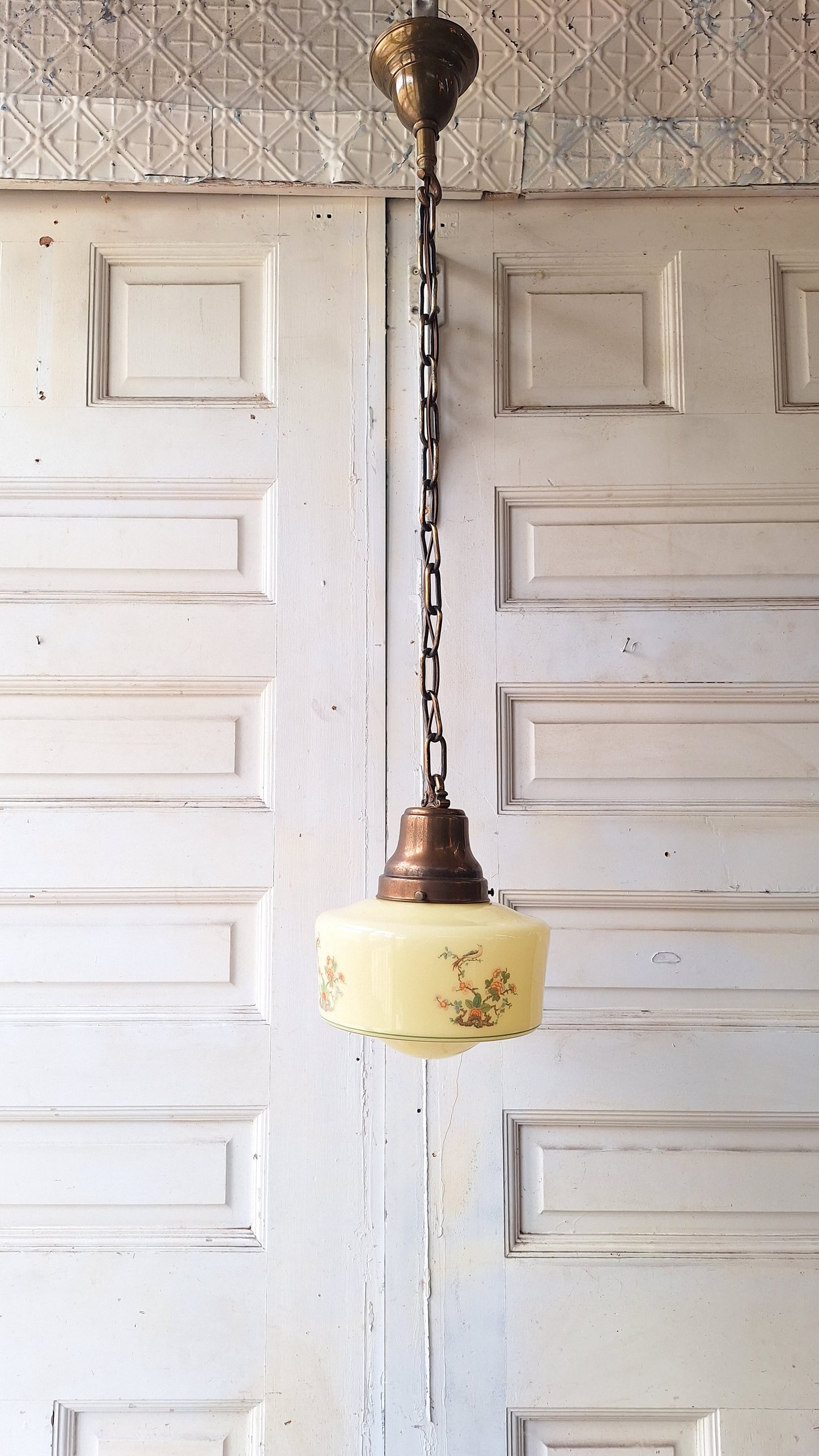 Vintage Painted Bird Pendant Light, Brass Bird Design Hanging Light