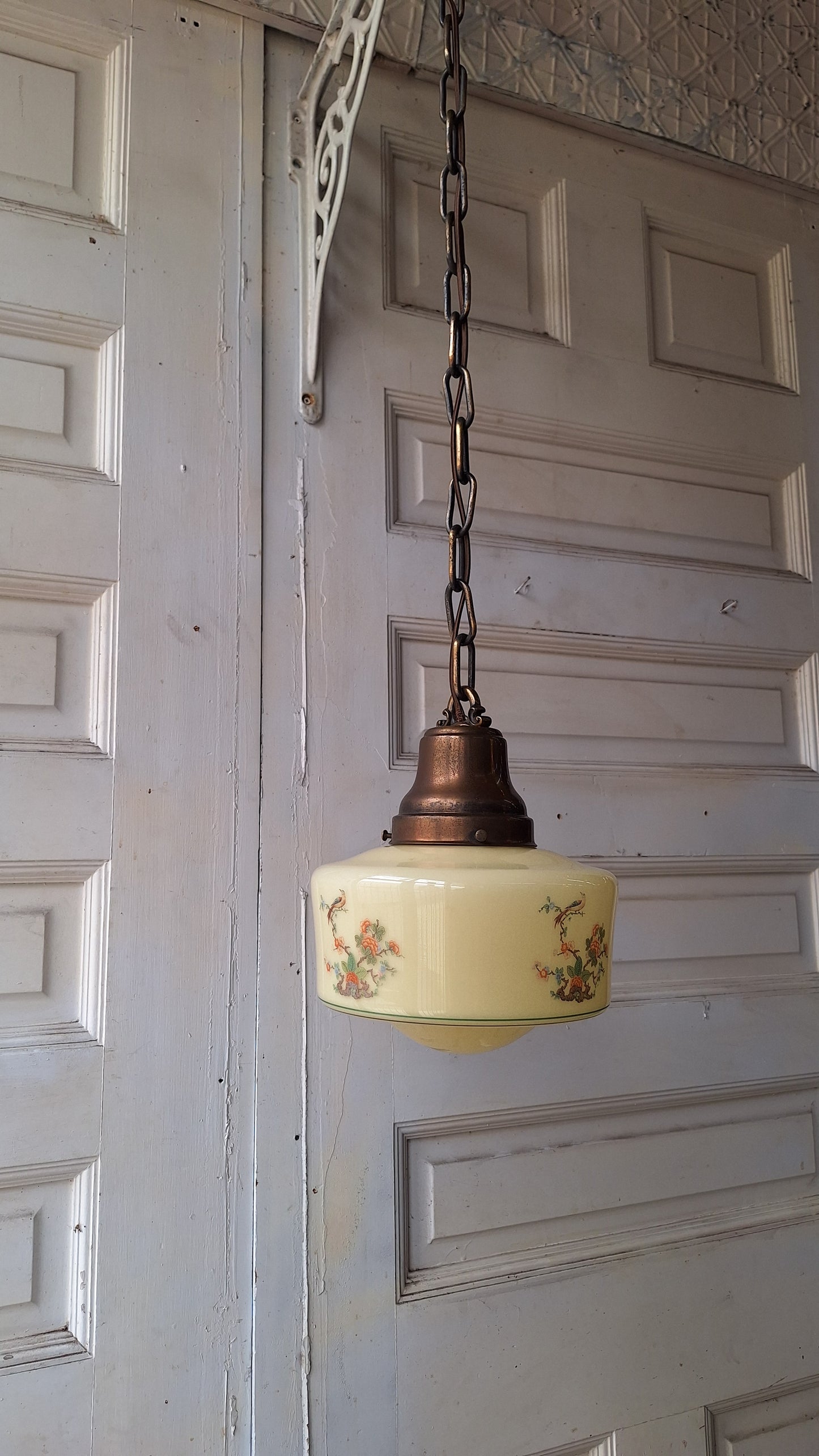 Vintage Painted Bird Pendant Light, Brass Bird Design Hanging Light