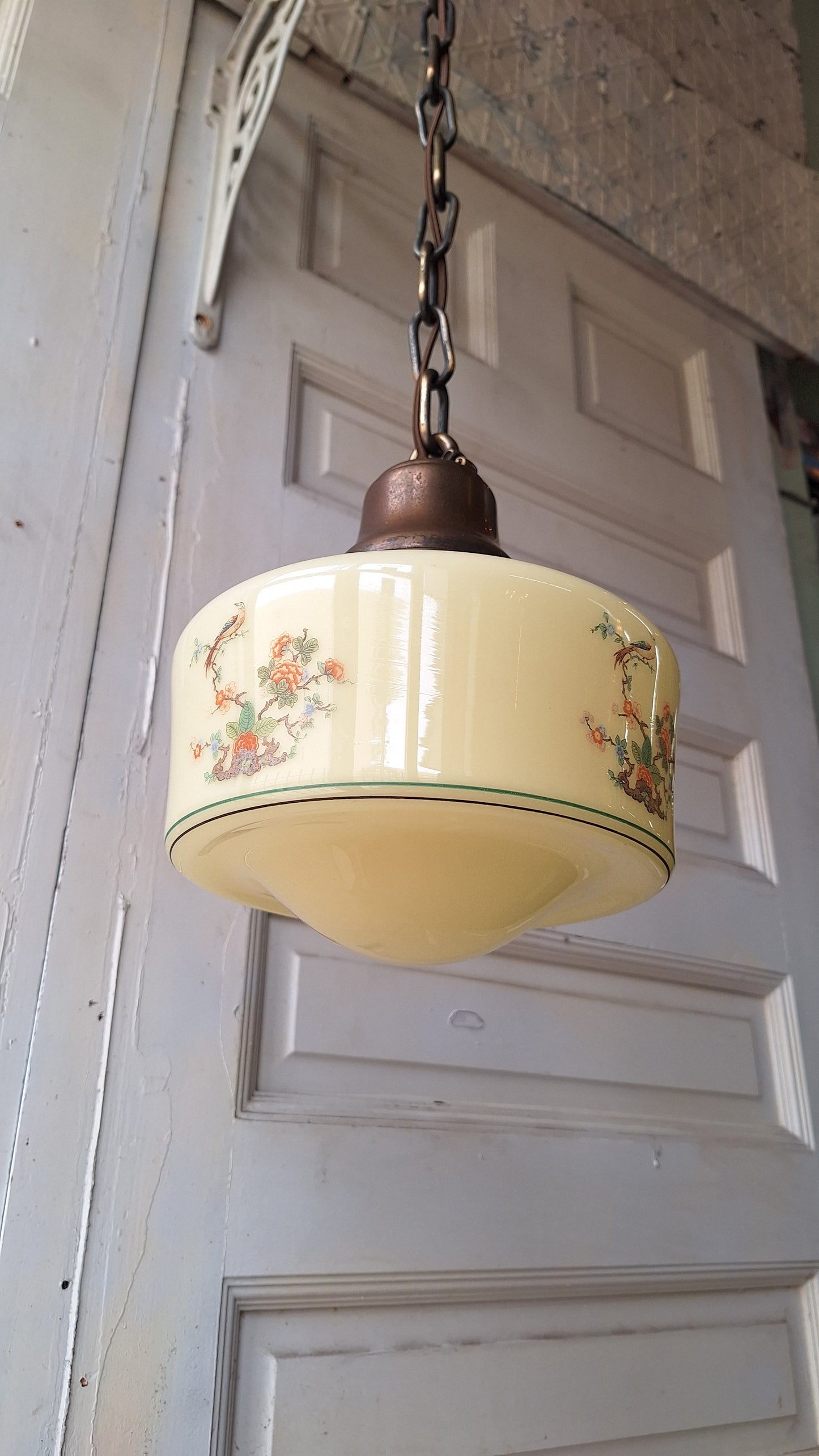 Vintage Painted Bird Pendant Light, Brass Bird Design Hanging Light