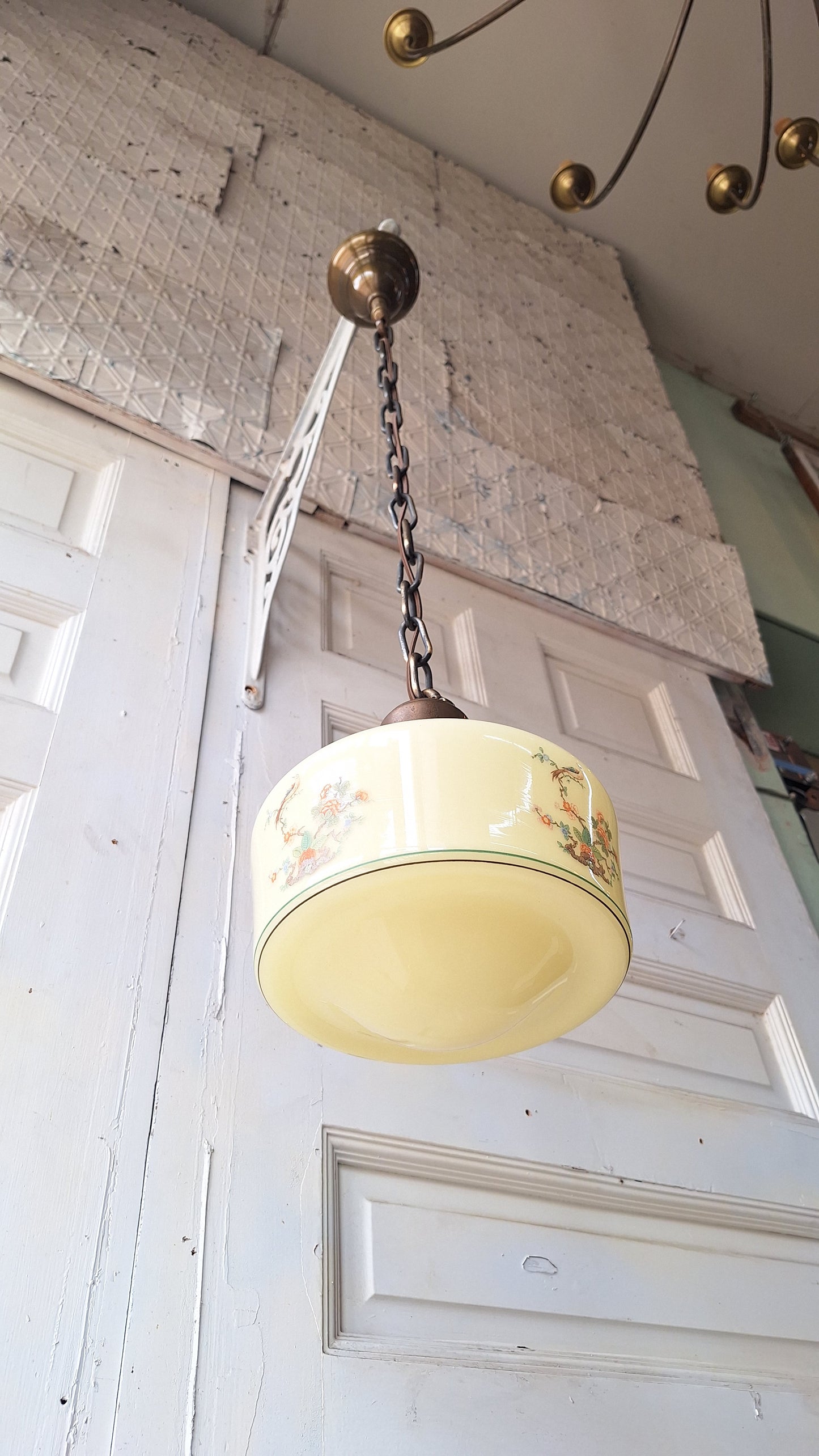 Vintage Painted Bird Pendant Light, Brass Bird Design Hanging Light