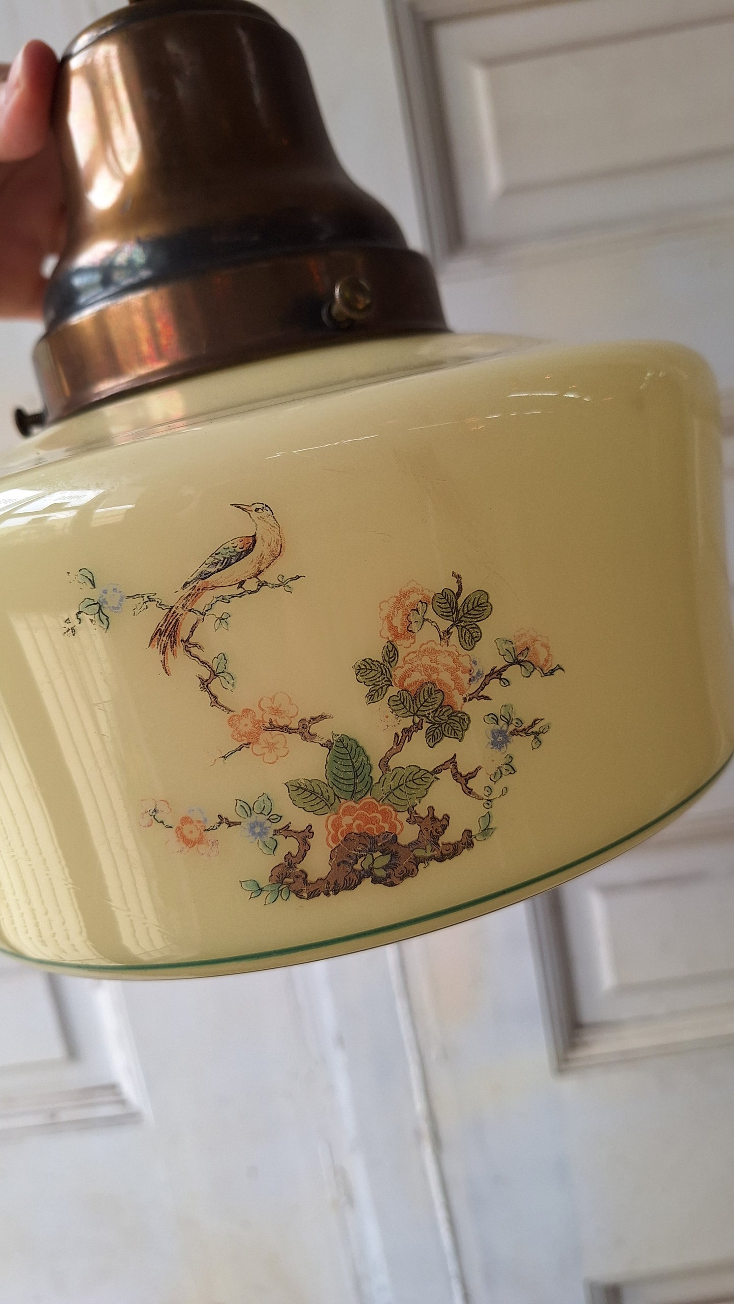 Vintage Painted Bird Pendant Light, Brass Bird Design Hanging Light