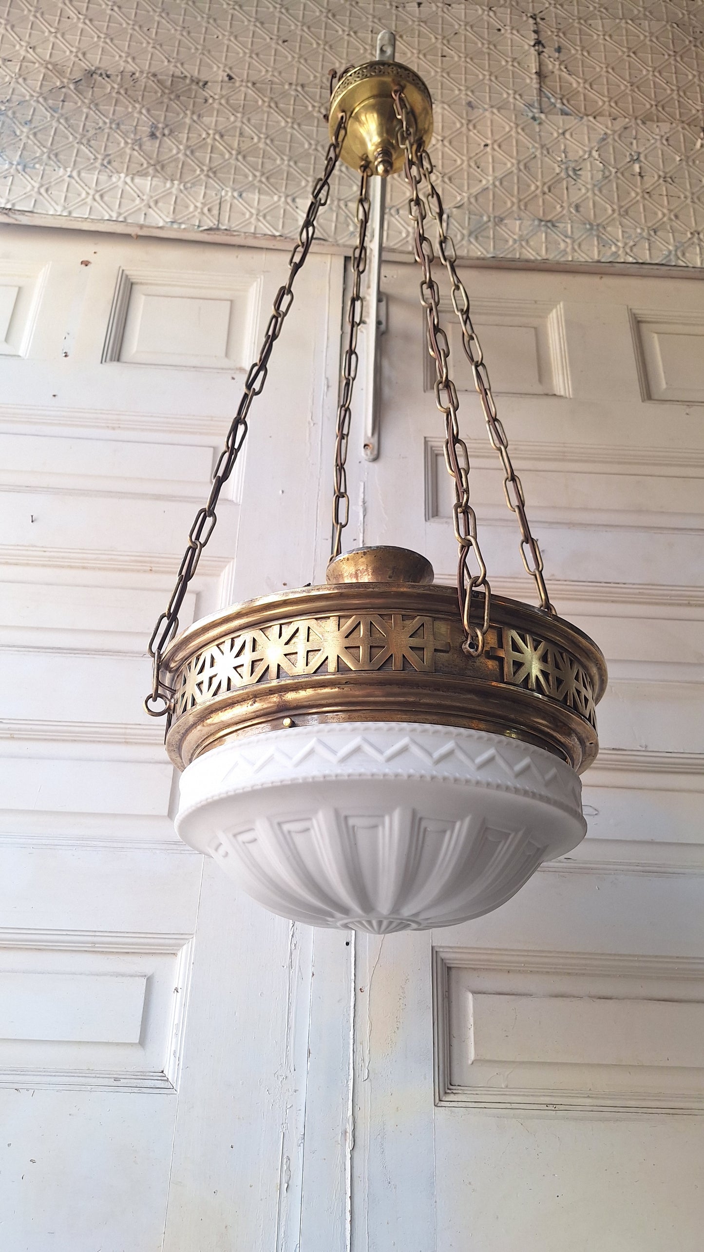 Victorian Molded Glass Bowl Chandelier: Frosted White Hanging Light