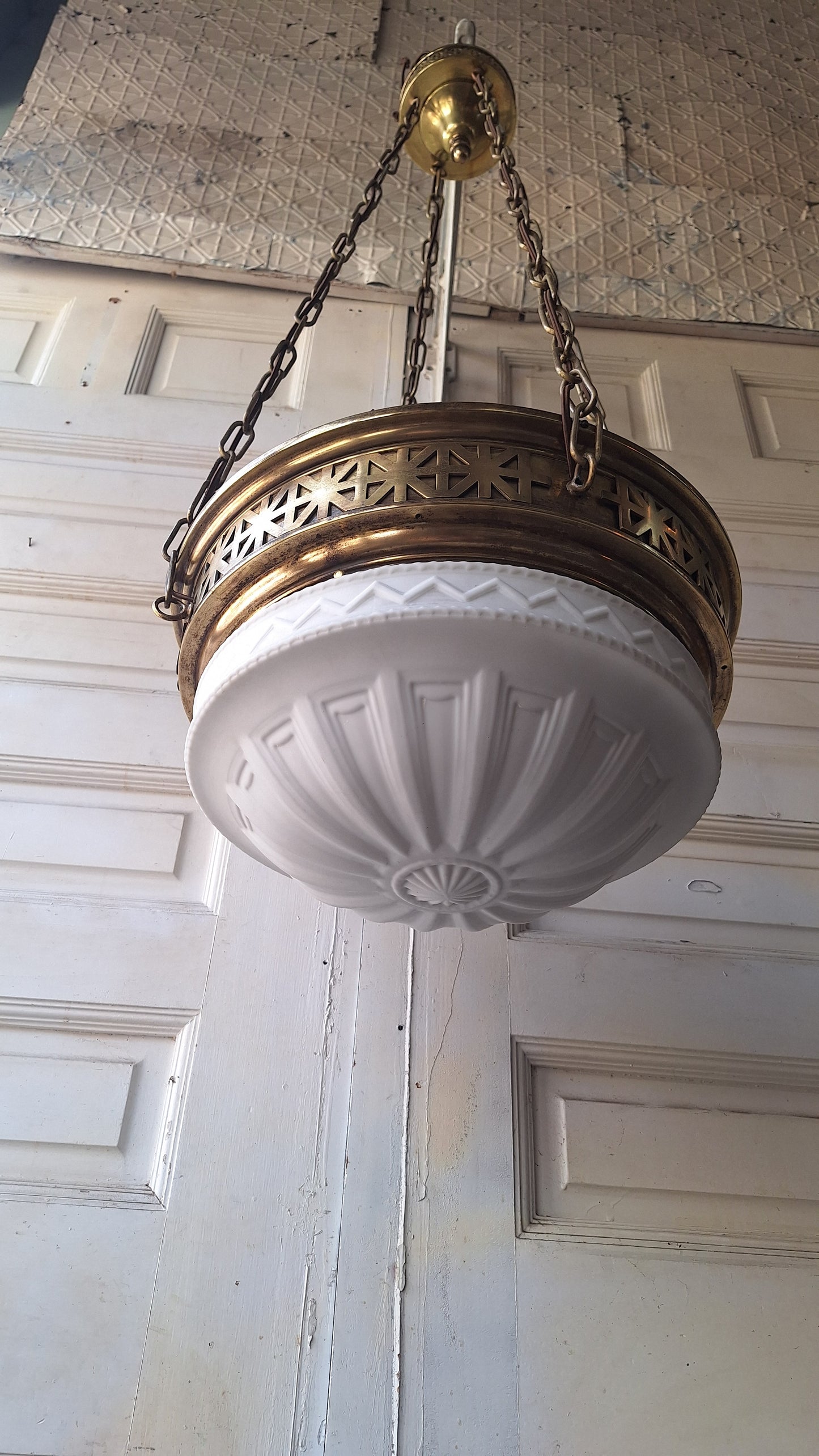 Victorian Molded Glass Bowl Chandelier: Frosted White Hanging Light