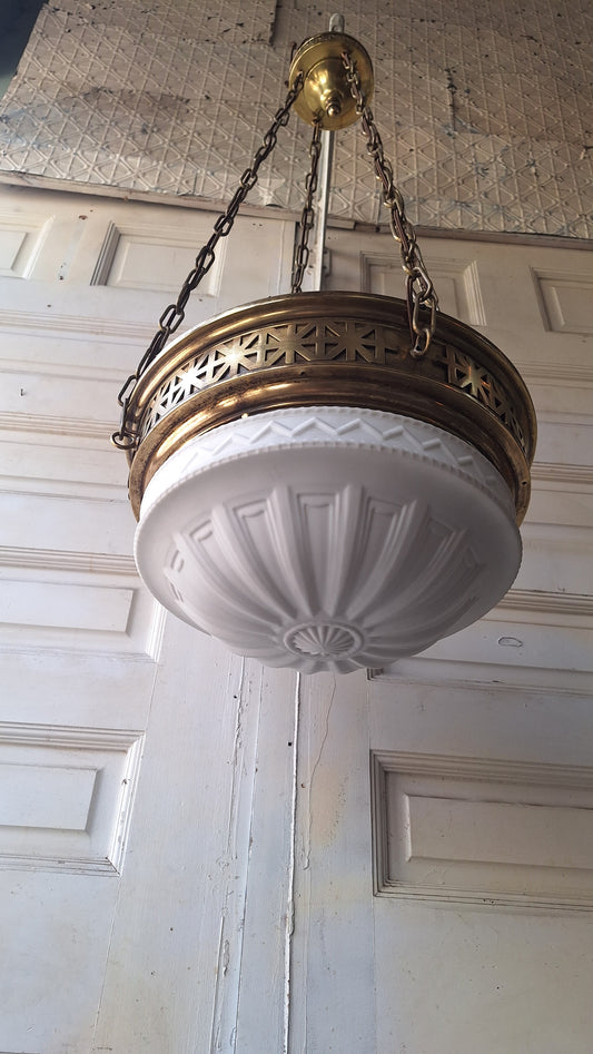 Victorian Molded Glass Bowl Chandelier: Frosted White Hanging Light