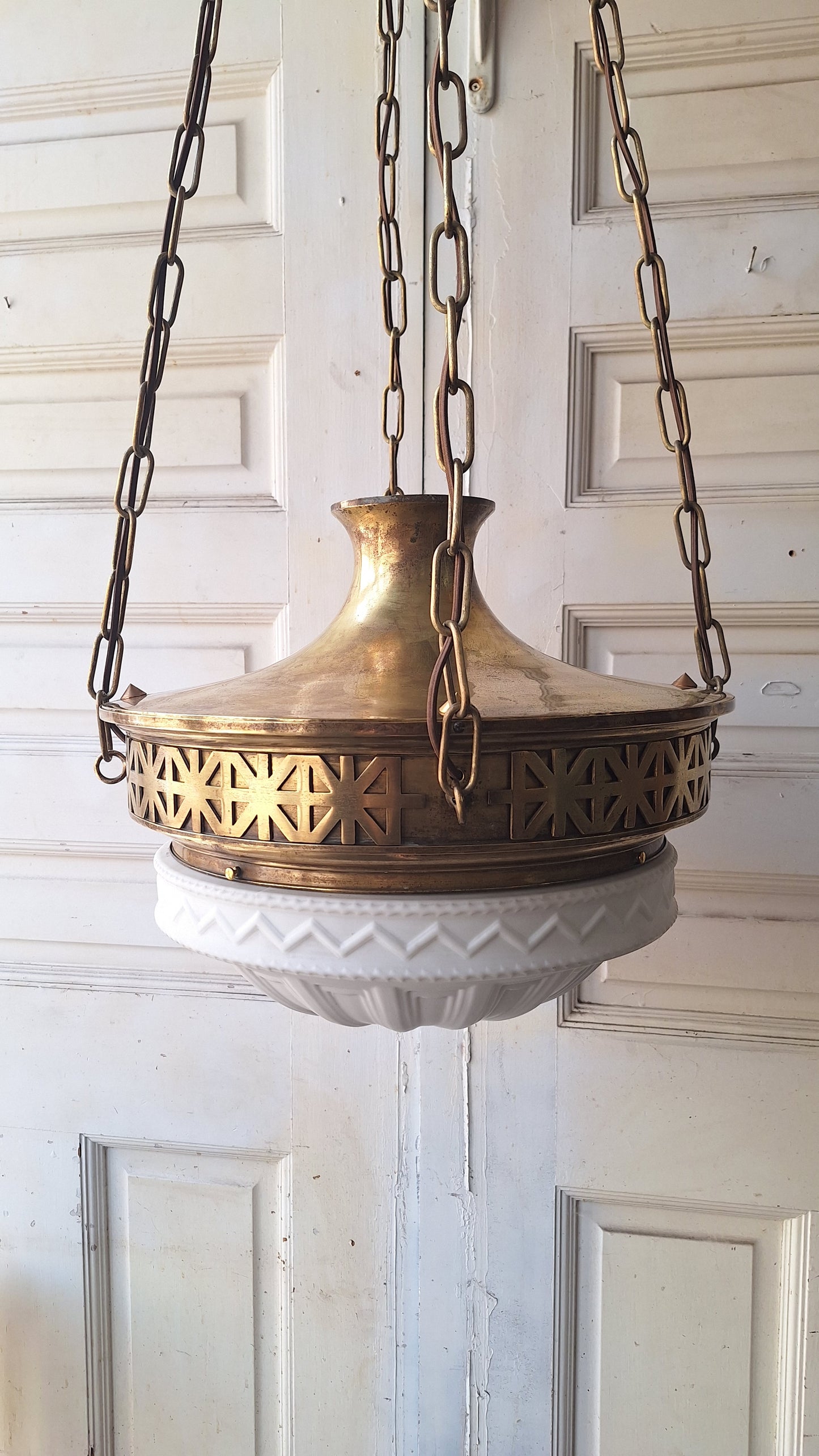 Victorian Molded Glass Bowl Chandelier: Frosted White Hanging Light