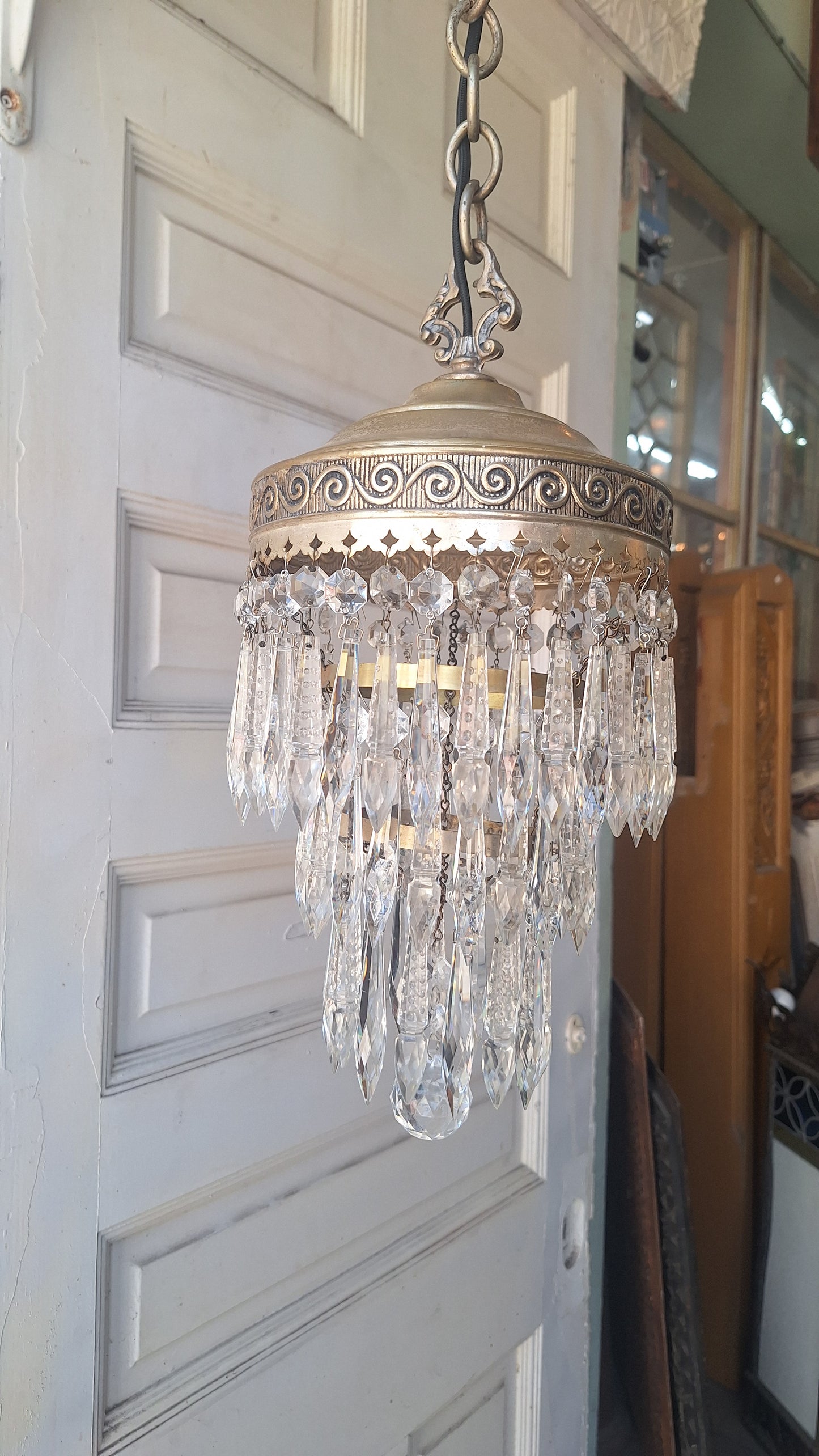Small Vintage Brass Crystal Chandelier, Wedding Cake Light, Empire Style Cut Glass