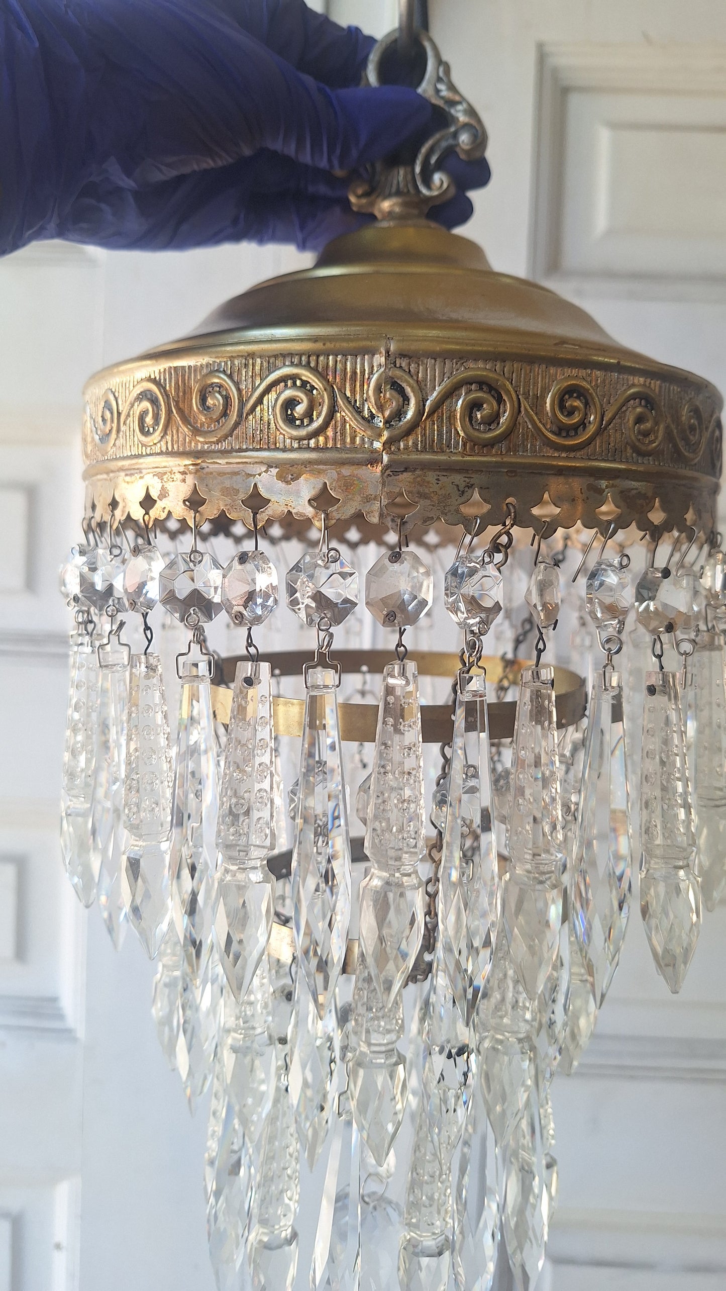 Small Vintage Brass Crystal Chandelier, Wedding Cake Light, Empire Style Cut Glass