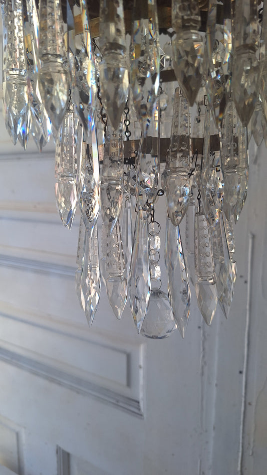 Small Vintage Brass Crystal Chandelier, Wedding Cake Light, Empire Style Cut Glass