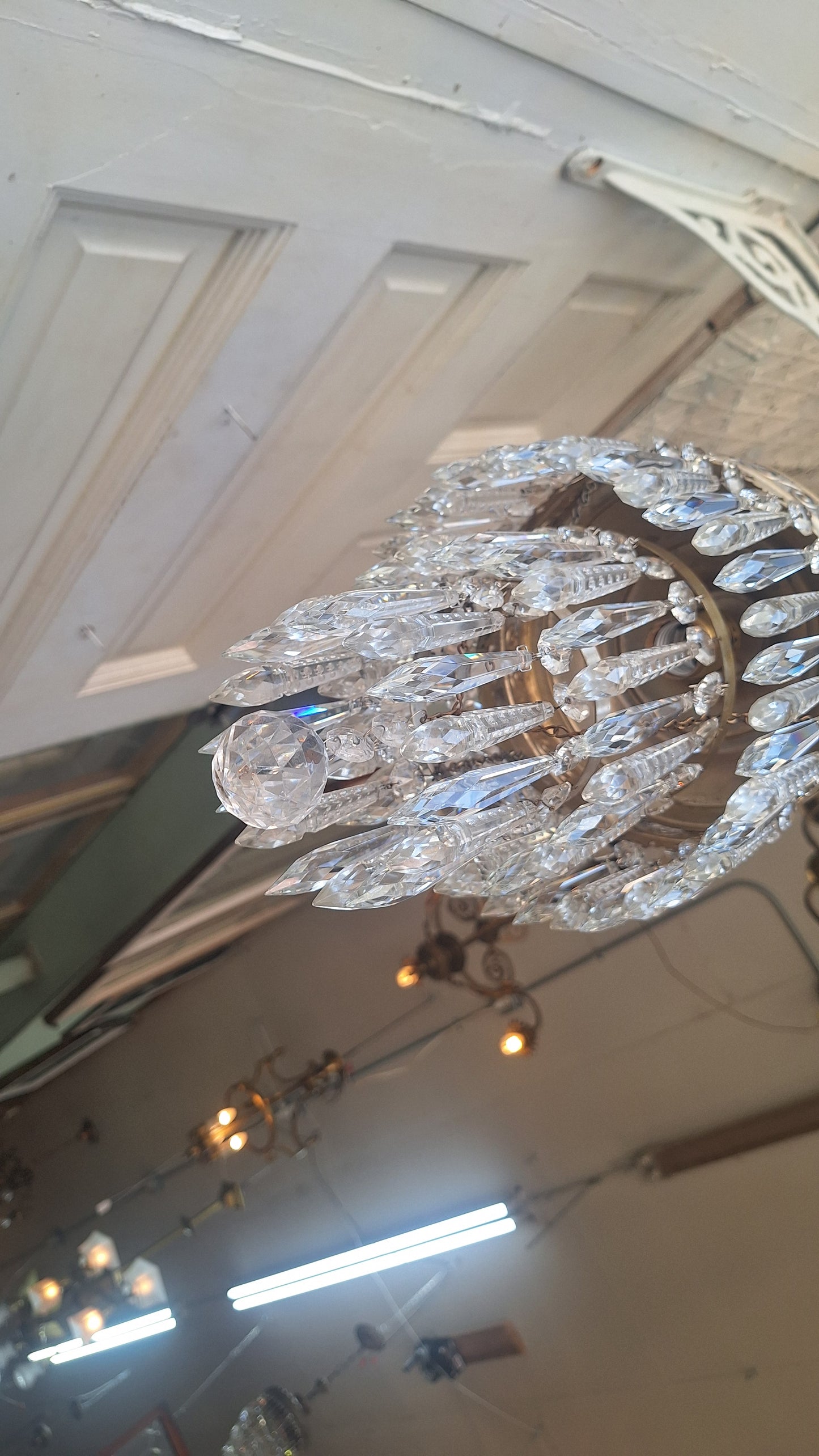 Small Vintage Brass Crystal Chandelier, Wedding Cake Light, Empire Style Cut Glass