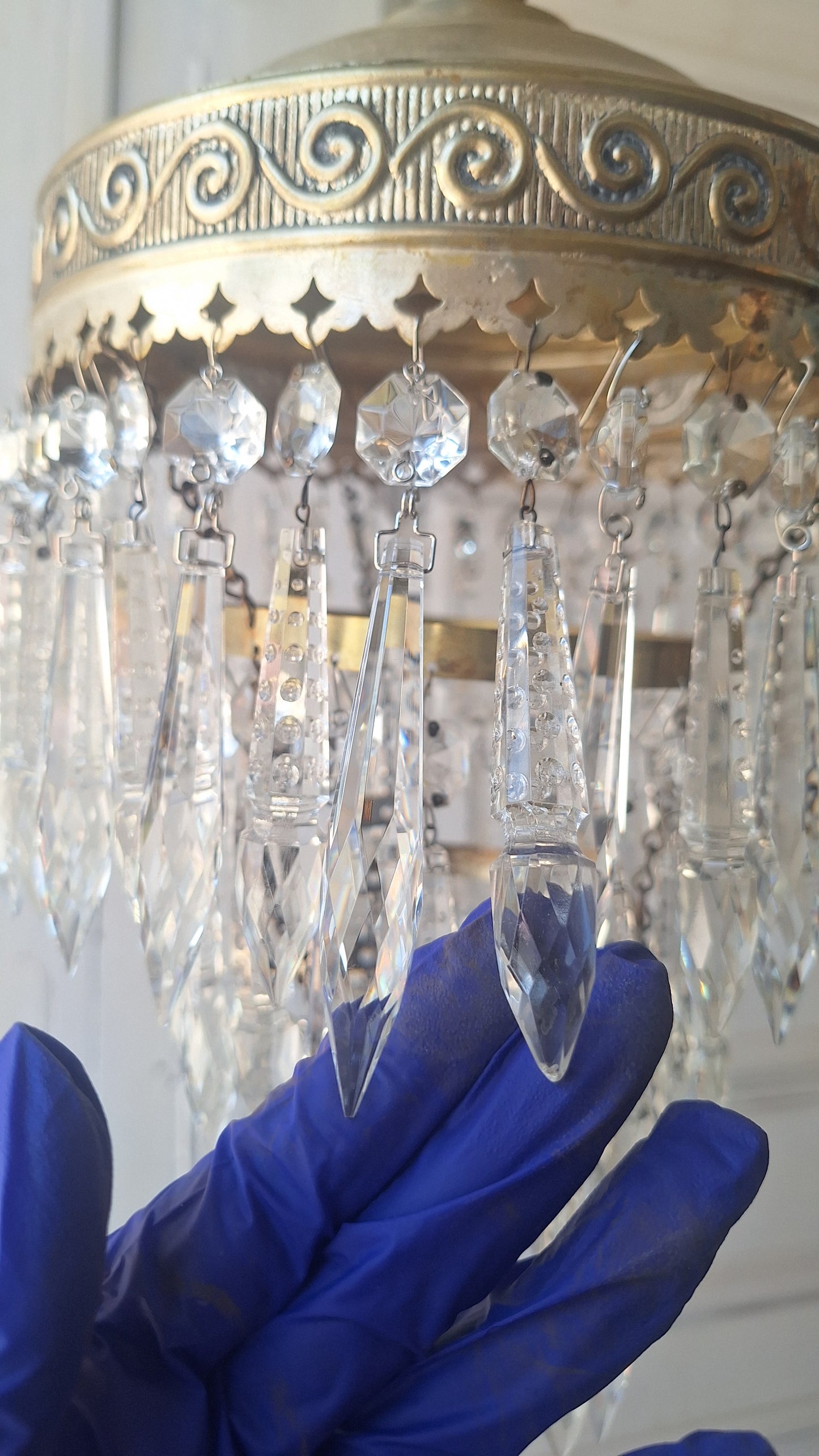 Small Vintage Brass Crystal Chandelier, Wedding Cake Light, Empire Style Cut Glass