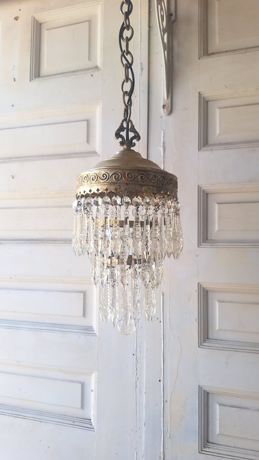 Small Vintage Brass Crystal Chandelier, Wedding Cake Light, Empire Style Cut Glass