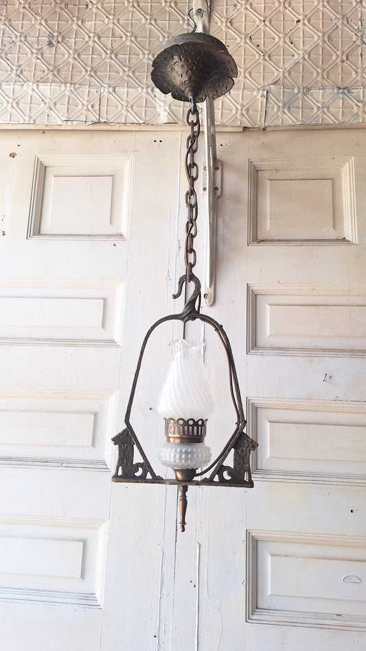 Virden Co. Hammered Iron Wolf Pendant Light, Lantern Style Hanging Vintage Light