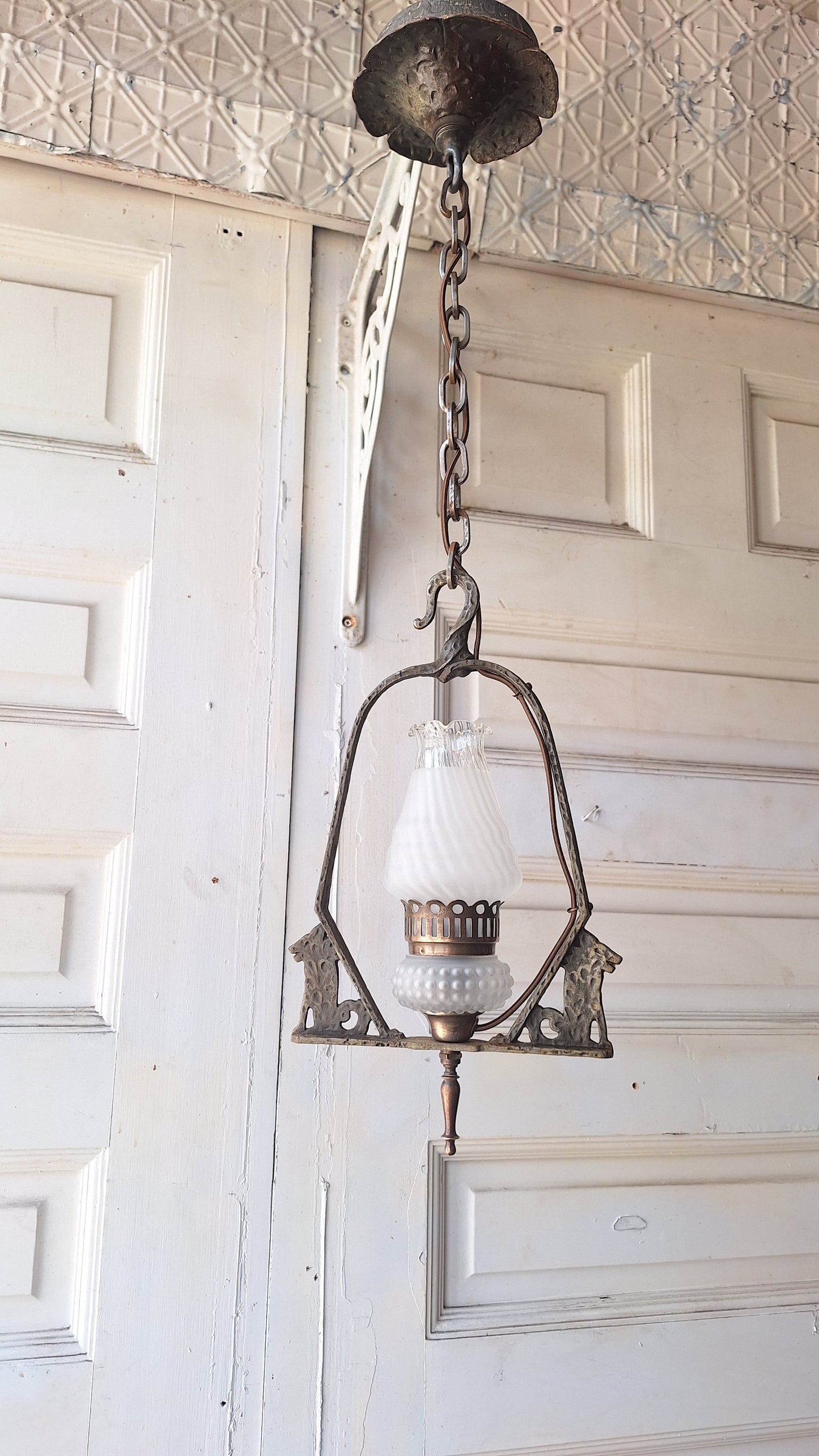 Virden Co. Hammered Iron Wolf Pendant Light, Lantern Style Hanging Vintage Light
