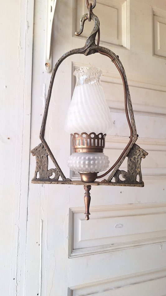 Virden Co. Hammered Iron Wolf Pendant Light, Lantern Style Hanging Vintage Light