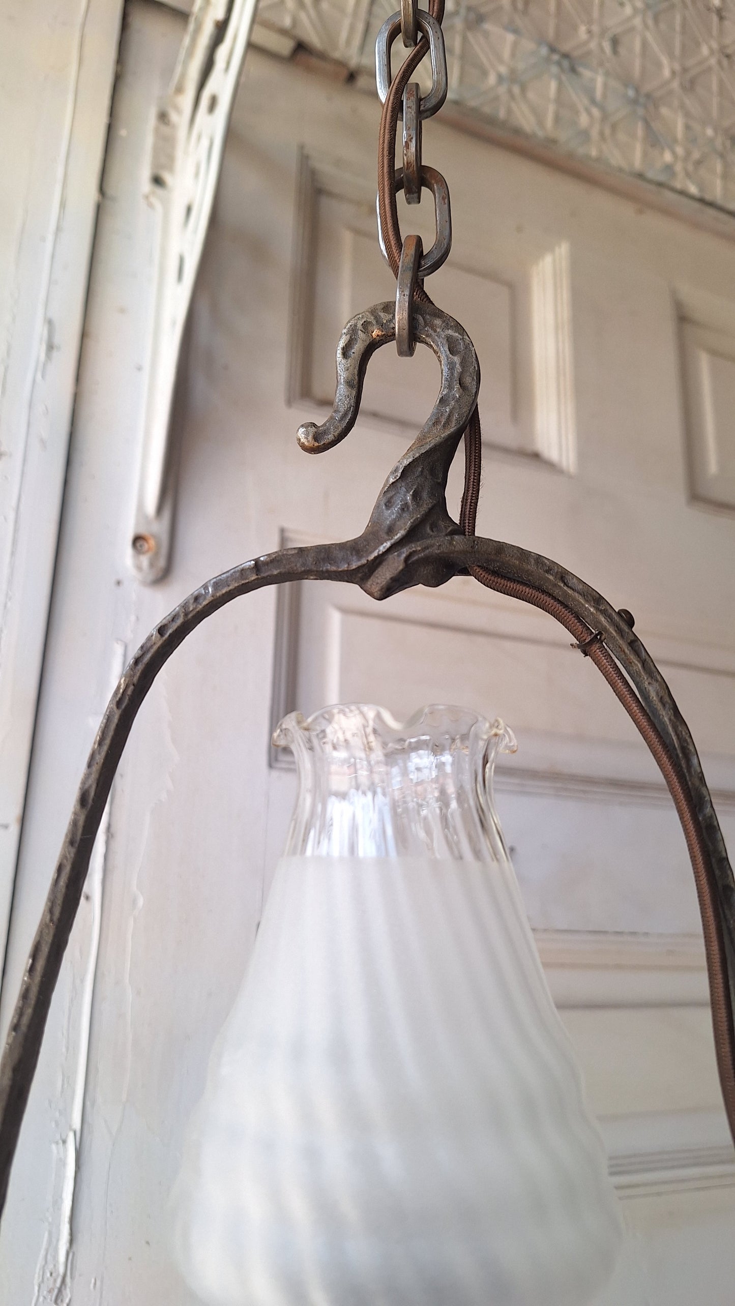 Virden Co. Hammered Iron Wolf Pendant Light, Lantern Style Hanging Vintage Light