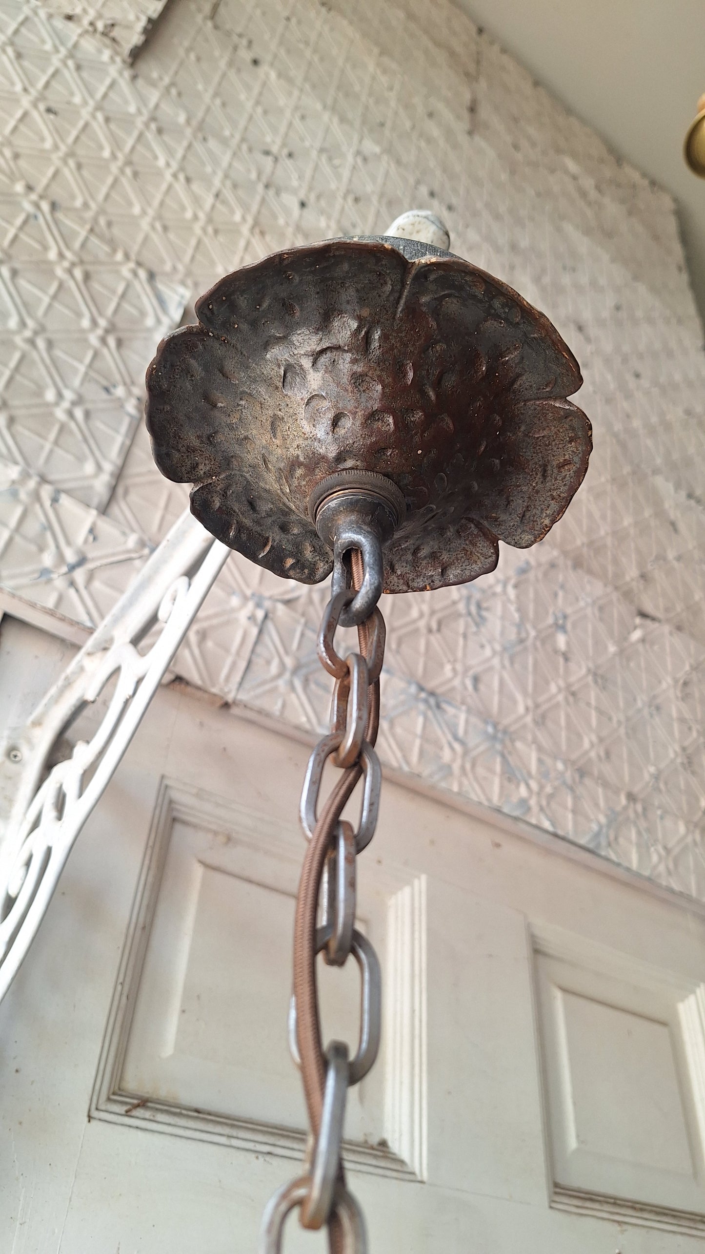 Virden Co. Hammered Iron Wolf Pendant Light, Lantern Style Hanging Vintage Light