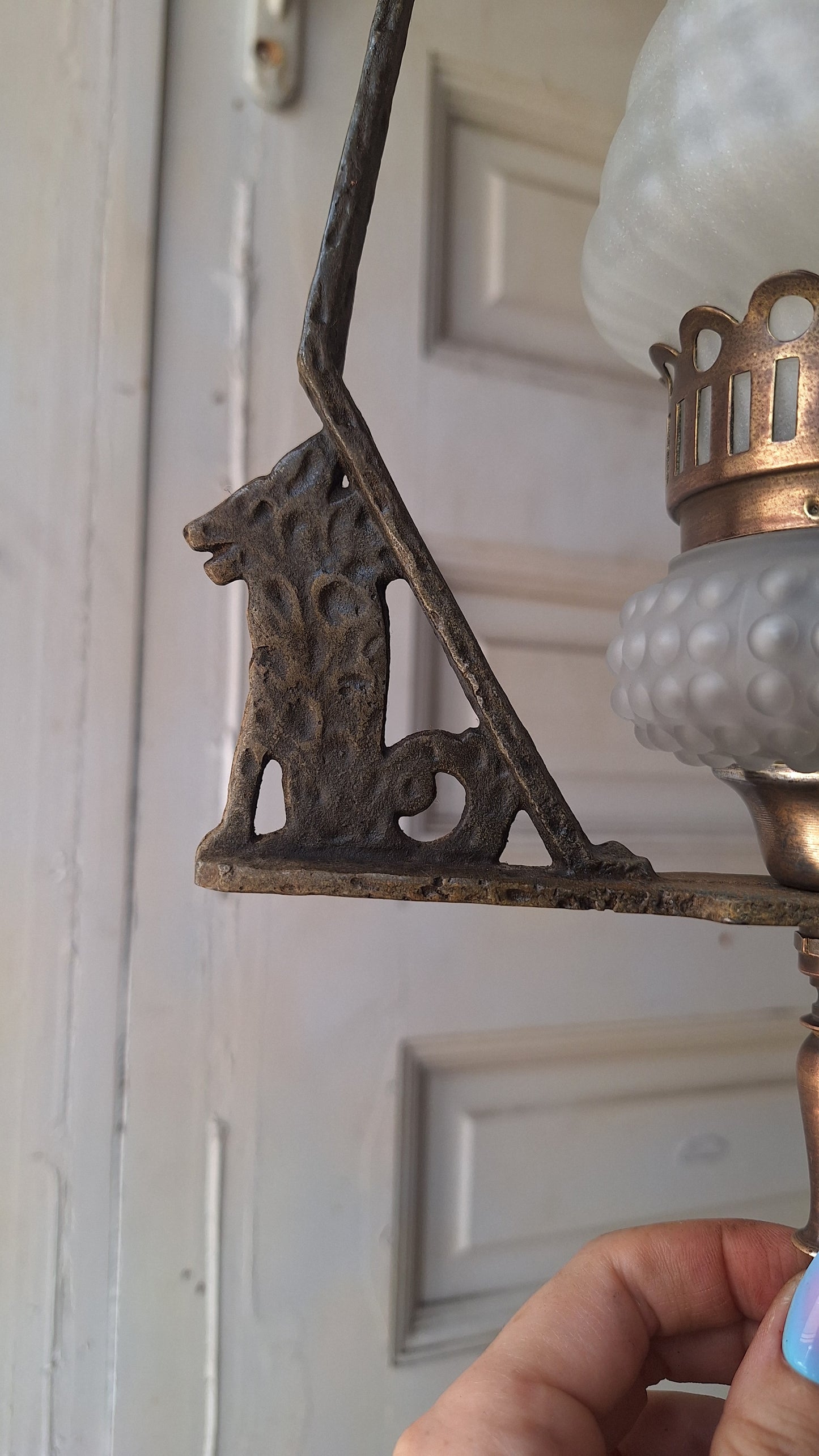 Virden Co. Hammered Iron Wolf Pendant Light, Lantern Style Hanging Vintage Light