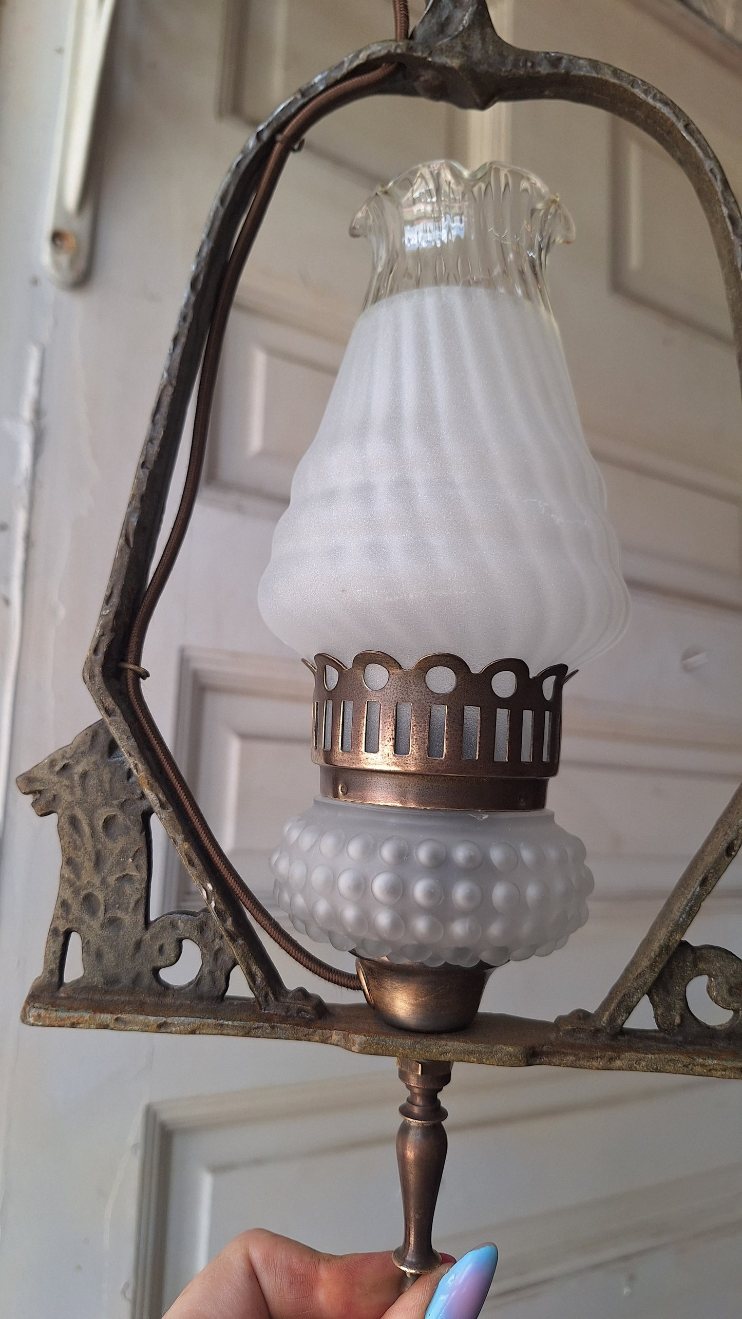 Virden Co. Hammered Iron Wolf Pendant Light, Lantern Style Hanging Vintage Light